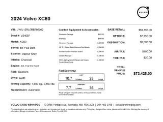 New 2024 Volvo XC60 Plus Dark Theme COURTESY VEHICLE for sale in Winnipeg, MB
