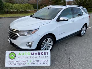 IN BRAND NEW CONDITION WITH NO ACCIDENTS . PREMIER EDITION, FULL LOAD AWD, GREAT FINANCING, FREE WARRANTY, FULLY INSPECD WITH BCAA MEMBERSHIP!<br /><br />Welcome to the Automarket, your community dealership of "YES". We are featuring a spectaculer condition Equinox Premier. This is a loaded AWD SUV with every feature available. $ Cyl Turbo, AWD, Power Everything, Power Tailgate, Heated and Cooled Leather Seats, Apple/Android Carplay, Panoramic moonroof, Upgraded Wheels, Pre-Collision Safety System, Blind Spot Monitor, Camera, Lane Departure System and thie list goes on.<br /><br />Having been fully inspected, we know that the Tires are 75% New both on the front and the Rearm, The Brakes are 70% Front and 80% New in the Rear.The oil hgas been changed and the vehicle has been completely detailed for your safety and enjoyment.<br /><br />This SUV does have a Theft of Vehicle Declaration back in April 2021<br /><br />2 LOCATIONS TO SERVE YOU, BE SURE TO CALL FIRST TO CONFIRM WHERE THE VEHICLE IS PARKED<br />WHITE ROCK 604-542-4970 LANGLEY 604-533-1310 OWNER'S CELL 604-649-0565<br /><br />We are a family owned and operated business since 1983 and we are committed to offering outstanding vehicles backed by exceptional customer service, now and in the future.<br />What ever your specific needs may be, we will custom tailor your purchase exactly how you want or need it to be. All you have to do is give us a call and we will happily walk you through all the steps with no stress and no pressure.<br />WE ARE THE HOUSE OF YES?<br />ADDITIONAL BENFITS WHEN BUYING FROM SK AUTOMARKET:<br />ON SITE FINANCING THROUGH OUR 17 AFFILIATED BANKS AND VEHICLE FINANCE COMPANIES<br />IN HOUSE LEASE TO OWN PROGRAM.<br />EVRY VEHICLE HAS UNDERGONE A 120 POINT COMPREHENSIVE INSPECTION<br />EVERY PURCHASE INCLUDES A FREE POWERTRAIN WARRANTY<br />EVERY VEHICLE INCLUDES A COMPLIMENTARY BCAA MEMBERSHIP FOR YOUR SECURITY<br />EVERY VEHICLE INCLUDES A CARFAX AND ICBC DAMAGE REPORT<br />EVERY VEHICLE IS GUARANTEED LIEN FREE<br />DISCOUNTED RATES ON PARTS AND SERVICE FOR YOUR NEW CAR AND ANY OTHER FAMILY CARS THAT NEED WORK NOW AND IN THE FUTURE.<br />36 YEARS IN THE VEHICLE SALES INDUSTRY<br />A+++ MEMBER OF THE BETTER BUSINESS BUREAU<br />RATED TOP DEALER BY CARGURUS 2 YEARS IN A ROW<br />MEMBER IN GOOD STANDING WITH THE VEHICLE SALES AUTHORITY OF BRITISH COLUMBIA<br />MEMBER OF THE AUTOMOTIVE RETAILERS ASSOCIATION<br />COMMITTED CONTRIBUTER TO OUR LOCAL COMMUNITY AND THE RESIDENTS OF BC This vehicle has been Fully Inspected, Certified and Qualifies for Our Free Extended Warranty.Don't forget to ask about our Great Finance and Lease Rates. We also have a Options for Buy Here Pay Here and Lease to Own for Good Customers in Bad Situations. 2 locations to help you, White Rock and Langley. Be sure to call before you come to confirm the vehicles location and availability or look us up at www.automarketsales.com. White Rock 604-542-4970 and Langley 604-533-1310. Serving Surrey, Delta, Langley, Richmond, Vancouver, all of BC and western Canada. Financing & leasing available. CALL SK AUTOMARKET LTD. 6045424970. Call us toll-free at 1 877 813-6807. $495 Documentation fee and applicable taxes are in addition to advertised prices.<br />LANGLEY LOCATION DEALER# 40038<br />S. SURREY LOCATION DEALER #9987<br />