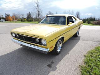 <p> A beautiful 1970 Duster that was refinished in the original FY1 Lemon Twist Yellow. Powered by a 340 that is stroked to 416 cubic inches and backed by an A833 4-speed manual transmission. The 8 3/4 rear end is equipped with Sure Grip and 4:10 gears. Fueling is handled by a 4160 Holley 750 CFM carb and a 7510 Weiand X-celerator aluminum intake. Ceramic coated headers pass exhaust through the full dual system with Flomaster mufflers and original style tips.  Full MSD ignition system from distributer to the plug wires. New 15-inch Rallye rims and new BF Goodrich tires were installed. Power steering and power disc brakes. This rust-free Duster still retains all its original sheet metal and body panels. See the pictures and video as this beautiful car that originated from Arizona and then into Western Canada and finally to us here in Ontario. All the chrome and trim is in excellent condition. The interior is in great condition and free of rips, tears or broken pieces. The Duster drives excellent, sounds awesome and performs well. Truly a must-see 4-speed Plymouth A body.  A 3-year powertrain warranty is included with purchase. Comes with current insurance appraisal. Trade up or down on other muscle cars/trucks or late model 4X4 trucks. Delivery or shipping can be arranged right to your door within Canada and the USA.</p><p>** WE UPDATE OUR WEBSITE REGULARLY IF YOU SEE THIS AD THE VEHICLE IS AVAILABLE! ** Muscle cars/trucks from all classic makes including Dodge, Ford, and General Motors. Financing available OAC. Delivery available to Southern Ontario customers. Shipping arranged for out of province purchasers! We are 1.5 hrs from Pearson International Airport and offer free pick up from the airport to purchasers. **NO ADMIN FEES! All vehicles are certified and serviced unless otherwise stated! CARFAX AVAILABLE ON ALL VEHICLES! ** Call, email, or come in today! 1-844-4X4-TRUX www.pentasticmotors.com</p>