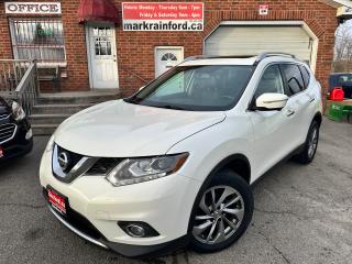 <p>Super-Clean Nissan Rogue from Belleville, ON! This SL AWD model comes loaded up with great options inside and out and looks great in its White paint and factory alloy wheels! The exterior features keyless entry with a proximity key, a large factory sunroof, roof rack rails, automatic headlights, foglights, integrated mirror turn signals, a sleek rear spoiler, tinted privacy glass, a power rear lift-gate, numerous cameras around the perimeter of the vehicle, a peppy fuel efficient 2.5L 4-cylinder engine and CVT Auto Transmission to drive the All-Wheel-Drive system! The interior is clean and comfortable with heated leather power-adjustable front seats with driver lumbar support, power door locks, windows and mirrors, a leather-wrapped steering wheel with audio and cruise controls, an easy-to-use gauge cluster, push-button start, a large central touch screen AM/FM/XM Satellite Radio with BOSE Premium Audio, Factory Navigation, Bluetooth, Backup/Top/Side/Forward view cameras and CD Player, Dual-Zone A/C climate control with front and rear window defrost settings, USB/AUX/12V accessory ports and more!</p><p> </p><p>Carfax Claims Free!</p><p> </p><p>Call (905) 623-2906</p><p> </p><p>Text Ryan: (905) 429-9680 or Email: ryan@markrainford.ca</p><p> </p><p>Text Mark: (905) 431-0966 or Email: mark@markrainford.ca</p>