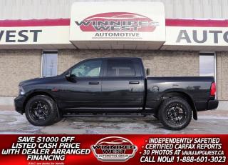 Cash Price: $38,800. Finance Price: $37,800. (SAVE $1,000 OFF THE LISTED CASH PRICE WITH DEALER ARRANGED FINANCING O.A.C.) Plus PST/GST NO ADMINISTRATION FEES!! 

STUNNING SPECIAL EDITION BIG HORN BLACK SPORT EDITION RAM ECODIESEL 4X4. VERY CLEAN & WELL CARED FOR RURAL MANITOBA TRADE WITH LOW WELL CARED FOR KMS! 2018 RAM 1500 3.0L V6 ECODIESEL, CREW CAB 4X4 BLACK OUT SPORT!!! FULLY LOADED INCLUDING HEATED LEATHER SEATING & WHEEL, NAVIGATION, AND MORE! SIMPLY STUNNING TRUCK IN ALL BLACK OVER BLACK LEATHER!!!  

- Fuel Sipping 3.0L EcoDiesel V6 engine (producing 420lbs TQ)
- 8 speed Torque Flite automatic transmission
- Auto 4x4 with 3 stage transfer case including Auto AWD feature
- 3.55 rear axle ratio 
- Antispin differential rear axle
- Premium Katzkin Black Leather Seats 
- Power & Heated Sport Bucket seats (5 pass / Full console)
- Heated Steering Wheel
- Uconnect 8.4 touchscreen Premium Multimedia infotainment sys
- Premium audio with Subwoofer
- Media hub with multi-port USB and AUX input 
- Android Auto and Apple Cap Play 
- Dual zone auto climate control with humidity sensor
- remote entry
- Factory remote starter
- Power sliding Rear window
- Tow package, factory brake controller
- Back up camera 
- Power Folding Mirrors 
- factory spray-in box liner
- Factory Special Edition Black out Sport Package
- Factory Ram Colour matched side steps. Sport Grill, Handles Bumpers and more
- Black out badges
- Factory Dual exhaust
- Optional Black 20-inch Fast HD Sport Wheels wrapped in Meaty LT275 Toyo Open Country C/T tires at additional $$ (As shown) 
- Read below for more info... 

HURRY, THIS WONT LAST LONG! HARD-TO-FIND SPECIAL EDITION BLACK SPORT ECO-DIESEL IN BEAUTIFUL BRILLIANT BLACK CHRYSTAL PEARL OVER BLACK LEATHER!! 2018 RAM SPORT 1500 ECO-DIESEL, 4X4, CREW CAB, FULLY LOADED, INCULDING Heated leather Seats & Wheel! Local Rural Manitoba Trade with pride of ownership! This is one beauty of a truck, and it has the fuel sipping 3.0L ECODIESEL matched to the improved 8-speed auto transmission and 3.55 gear ratio and auto 4X4 with 3 stage auto transfer case. Well equipped including power heated Special Sport Leather Bucket seating (with full large center console), heated steering wheel with audio & trip computer controls, back up camera, premium  Stereo/media center with iPod control and Sirius satellite, AUX and USB input, uConnect 8.4 multimedia center, Android Auto and Apple Cap Play , projection headlights, 120 Volt AC power outlet, air, tilt, cruise, PW, PL, rear heat/air vents, dual zone auto climate control, integrated driver information system with the new style customize-able dash, power sliding rear window, remote entry, factory Remote starter, fog lamps, tow package, heated  power folding mirrors, multi plug and tow option, factory brake controller, Factory Special Edition Black out Sport Package,  Factory Ram Colour matched side steps, Sport Grill, Handles Bumpers and more,  Black out badges,  Factory Dual exhaust,  Optional Black 20-inch Fast HD Sport Wheels wrapped in Meaty LT275 Toyo Open Country C/T tires at additional $$ (As shown) and so much more with this amazingly clean and well cared for truck this will not last long, great looking truck at a great price point!

Comes with a fresh Manitoba Safety certification, a Certified Carfax history report, and we have many unlimited KM warranty options available to choose from. Selling at a fraction of new ON SALE NOW (HUGE VALUE!!!) Zero down financing available OAC. Please see dealer for details. Trades accepted. View at Winnipeg West Automotive Group, 5195 Portage Ave. Dealer permit # 4365, Call now 1 (888) 601-3023.