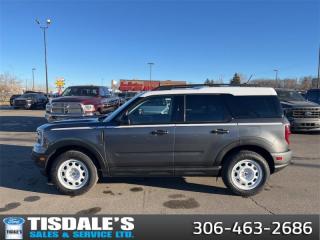 <b>Sunroof, Ford Co-Pilot360 Assist+, Heated Seats, Equipment 250A Group!</b><br> <br> <br> <br>Check out the large selection of new Fords at Tisdales today!<br> <br>  If you want true off-road ruggedness in an urban, friendly package, look no further than this Ford Bronco Sport. <br> <br>A compact footprint, an iconic name, and modern luxury come together to make this Bronco Sport an instant classic. Whether your next adventure takes you deep into the rugged wilds, or into the rough and rumble city, this Bronco Sport is exactly what you need. With enough cargo space for all of your gear, the capability to get you anywhere, and a manageable footprint, theres nothing quite like this Ford Bronco Sport.<br> <br> This carbonized grey metallic SUV  has an automatic transmission and is powered by a  181HP 1.5L 3 Cylinder Engine.<br> <br> Our Bronco Sports trim level is Heritage. This Bronco Sport Heritage comes standard with unique aluminum wheels, class II towing equipment with a hitch and trailer sway control, heated cloth front seats that feature power lumbar adjustment, and SiriusXM streaming radio. Also standard include voice-activated automatic air conditioning, 8-inch SYNC 3 powered infotainment screen with Apple CarPlay and Android Auto, smart charging USB type-A and type-C ports, 4G LTE mobile hotspot internet access, proximity keyless entry with remote start, and a robust terrain management system that features the trademark Go Over All Terrain (G.O.A.T.) driving modes. Additional features include blind spot detection, rear cross traffic alert and pre-collision assist with automatic emergency braking, lane keeping assist, lane departure warning, forward collision alert, driver monitoring alert, a rear-view camera, and so much more. This vehicle has been upgraded with the following features: Sunroof, Ford Co-pilot360 Assist+, Heated Seats, Equipment 250a Group. <br><br> View the original window sticker for this vehicle with this url <b><a href=http://www.windowsticker.forddirect.com/windowsticker.pdf?vin=3FMCR9G61RRE08372 target=_blank>http://www.windowsticker.forddirect.com/windowsticker.pdf?vin=3FMCR9G61RRE08372</a></b>.<br> <br>To apply right now for financing use this link : <a href=http://www.tisdales.com/shopping-tools/apply-for-credit.html target=_blank>http://www.tisdales.com/shopping-tools/apply-for-credit.html</a><br><br> <br/> Total  cash rebate of $2000 is reflected in the price. Credit includes $2,000 Non-Stackable Cash Purchase Assistance. Credit is available in lieu of subvented financing rates.  Incentives expire 2024-05-08.  See dealer for details. <br> <br>Tisdales is not your standard dealership. Sales consultants are available to discuss what vehicle would best suit the customer and their lifestyle, and if a certain vehicle isnt readily available on the lot, one will be brought in. o~o