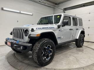 ONLY 11,000 KMS!! RUBICON 4XE PLUG-IN HYBRID W/ HEATED LEATHER RUBICON SEATS, REMOTE START, PREMIUM BODY COLOURED HARD TOP, HEATED STEERING, REMOTE START, NAVIGATION, STEEL BUMPER GROUP, FRONT-MOUNTED OFF ROAD CAMERA, ALPINE AUDIO AND APPLE CARPLAY/ANDROID AUTO!! Backup camera, tow package, 17-in alloys, front & rear diff lock, dual-zone climate control, full power group, auto headlights, cruise control and Sirius XM!