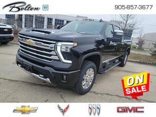 <b>Diesel Engine, Leather Seats, Hitch Package, Z71 Off-Road Package!</b><br> <br> <br> <br>  Bold and burly, this Silverado 2500HD is built for the toughest jobs without breaking a sweat. <br> <br>This 2024 Silverado 2500HD is highly configurable work truck that can haul a colossal amount of weight thanks to its potent drivetrain. This truck also offers amazing interior features that nestle occupants in comfort and luxury, with a great selection of tech features. For heavy-duty activities and even long-haul trips, the Silverado 2500HD is all the truck youll ever need.<br> <br> This black sought after diesel Crew Cab 4X4 pickup   has an automatic transmission and is powered by a  470HP 6.6L 8 Cylinder Engine.<br> <br> Our Silverado 2500HDs trim level is High Country.  This top of the range 2500HD High Country comes with an incredible amount of luxury and capability. It features premium leather seat with cooling, a remote engine start, wireless charging, a large 8 inch touch screen and navigation, Chevrolet MyLink and voice-activated technology, 12 way power seats with driver memory, exterior assist steps and unique exterior accents. This truck also offers a premium Bose audio system, wireless Apple CarPlay and Android Auto, an HD rear view camera, spray on bedliner, an EZ lift and lower tailgate, power heated exterior mirrors, a leather wrapped steering wheel, forward collision alert, lane keep assist plus Ultrasonic front and rear park assist and so much more. This vehicle has been upgraded with the following features: Diesel Engine, Leather Seats, Hitch Package, Z71 Off-road Package. <br><br> <br>To apply right now for financing use this link : <a href=http://www.boltongm.ca/?https://CreditOnline.dealertrack.ca/Web/Default.aspx?Token=44d8010f-7908-4762-ad47-0d0b7de44fa8&Lang=en target=_blank>http://www.boltongm.ca/?https://CreditOnline.dealertrack.ca/Web/Default.aspx?Token=44d8010f-7908-4762-ad47-0d0b7de44fa8&Lang=en</a><br><br> <br/> Weve discounted this vehicle $4196.    5.49% financing for 84 months. <br> Buy this vehicle now for the lowest bi-weekly payment of <b>$657.99</b> with $11038 down for 84 months @ 5.49% APR O.A.C. ( Plus applicable taxes -  Plus applicable fees   ).  Incentives expire 2024-05-31.  See dealer for details. <br> <br>At Bolton Motor Products, we offer new Chevrolet, Cadillac, Buick, GMC cars and trucks in Bolton, along with used cars, trucks and SUVs by top manufacturers. Our sales staff will help you find that new or used car you have been searching for in the Bolton, Brampton, Nobleton, Kleinburg, Vaughan, & Maple area. o~o