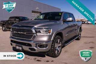<p>Conquer the road with unparalleled power and luxury in the 2019 RAM 1500 Laramie Crew Cab 4x4. Crafted to redefine excellence, this truck seamlessly combines rugged capability with sophisticated design, ensuring every drive is a thrilling adventure.</p>

<p>Unleash Raw Power Harness the immense power of the 5.7L HEMI VVT V8 engine with FuelSaver MDS, paired with an 8-speed automatic transmission. With advanced features like Brake Assist, Electronic Stability Control, and Trailer Sway Control, the RAM 1500 Laramie delivers unmatched performance and control on any terrain.</p>

<p>Luxury Redefined Step into the lap of luxury with leather-faced front vented bucket seats and front heated and ventilated seats. The Laramie Level 1 Equipment Group adds even more convenience and comfort with features like Auto High-Beam Headlamp Control, Blind-Spot/Rear Cross-Path Detection, and Rain-Sensing Windshield Wipers. Whether you're navigating city streets or rugged trails, the RAM 1500 Laramie ensures a first-class driving experience.</p>

<p>Advanced Technology at Your Fingertips Stay connected and entertained with the Uconnect 4 infotainment system featuring an 8.4-inch display, SiriusXM satellite radio, Apple CarPlay, and Google Android Auto capability. With hands-free communication, Bluetooth streaming, and a media hub with multiple USB ports, you'll always be in control of your journey.</p>

<p>Versatility Meets Functionality Maximize your truck's utility with the Bed Utility Group, which includes adjustable cargo tie-down hooks, LED bed lighting, and a spray-in bedliner. The optional Class IV hitch receiver and Electronic Trailer Brake Controller ensure effortless towing, while the 20x9-inch painted/polished wheels and 275/55R20 OWL All-Season tires provide superior performance and style.</p>

<p>Unrivaled Confidence Drive with confidence knowing you're protected by a suite of advanced safety features, including ParkView Rear Back-Up Camera, Park-Sense Front/Rear Park Assist System, and Remote Tailgate Release. With the RAM 1500 Laramie, safety is always a top priority.</p>

<p>Experience the pinnacle of power, luxury, and technology with the 2019 RAM 1500 Laramie Crew Cab 4x4. Elevate your driving experience and conquer the road with unmatched style and performance.</p>
<p> </p>

<h4>VALUE+ CERTIFIED PRE-OWNED VEHICLE</h4>

<p>36-point Provincial Safety Inspection<br />
172-point inspection combined mechanical, aesthetic, functional inspection including a vehicle report card<br />
Warranty: 30 Days or 1500 KMS on mechanical safety-related items and extended plans are available<br />
Complimentary CARFAX Vehicle History Report<br />
2X Provincial safety standard for tire tread depth<br />
2X Provincial safety standard for brake pad thickness<br />
7 Day Money Back Guarantee*<br />
Market Value Report provided<br />
Complimentary 3 months SIRIUS XM satellite radio subscription on equipped vehicles<br />
Complimentary wash and vacuum<br />
Vehicle scanned for open recall notifications from manufacturer</p>

<p>SPECIAL NOTE: This vehicle is reserved for AutoIQs retail customers only. Please, No dealer calls. Errors & omissions excepted.</p>

<p>*As-traded, specialty or high-performance vehicles are excluded from the 7-Day Money Back Guarantee Program (including, but not limited to Ford Shelby, Ford mustang GT, Ford Raptor, Chevrolet Corvette, Camaro 2SS, Camaro ZL1, V-Series Cadillac, Dodge/Jeep SRT, Hyundai N Line, all electric models)</p>

<p>INSGMT</p>