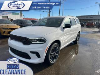<b>Sunroof,  Adaptive Cruise Control,  Forward Collision Alert,  Heated Seats,  Heated Steering Wheel!</b><br> <br> <br> <br>  With such a versatile, capable, and comfortable SUV, you may never need another family car after the Dodge Durango. <br> <br>Filled with impressive standard features, this family friendly 2024 Dodge Durango is a surprising and adventurous SUV. Versatile as they come, you can manage any road you find in comfort and style, while effortlessly leading the pack in this Dodge Durango. For a capable, impressive, and versatile family SUV that can still climb mountains, this Dodge Durango is ready for your familys next big adventure.<br> <br> This white knuckle SUV  has a 8 speed automatic transmission and is powered by a  293HP 3.6L V6 Cylinder Engine.<br> <br> Our Durangos trim level is SXT Plus. This SXT Plus steps things up with an express open/close sunroof, adaptive cruise control and forward collision alert, and is decked with amazing standard features such as heated and power-adjustable front seats with cushion tilt and lumbar support, a heated leather-wrapped steering wheel, proximity keyless entry with push button start, dual-zone climate control, illuminated front cupholders, and an 8.4-inch infotainment screen with Uconnect 4. Safety features include blind spot detection with rear cross traffic alert, ParkSense rear parking sensors, and a back-up camera. This vehicle has been upgraded with the following features: Sunroof,  Adaptive Cruise Control,  Forward Collision Alert,  Heated Seats,  Heated Steering Wheel,  Blind Spot Detection,  Proximity Key. <br><br> View the original window sticker for this vehicle with this url <b><a href=http://www.chrysler.com/hostd/windowsticker/getWindowStickerPdf.do?vin=1C4RDJAG8RC111582 target=_blank>http://www.chrysler.com/hostd/windowsticker/getWindowStickerPdf.do?vin=1C4RDJAG8RC111582</a></b>.<br> <br>To apply right now for financing use this link : <a href=https://standarddodge.ca/financing target=_blank>https://standarddodge.ca/financing</a><br><br> <br/><br>* Visit Us Today *Youve earned this - stop by Standard Chrysler Dodge Jeep Ram located at 208 Cheadle St W., Swift Current, SK S9H0B5 to make this car yours today! <br> Pricing may not reflect additional accessories that have been added to the advertised vehicle<br><br> Come by and check out our fleet of 30+ used cars and trucks and 130+ new cars and trucks for sale in Swift Current.  o~o