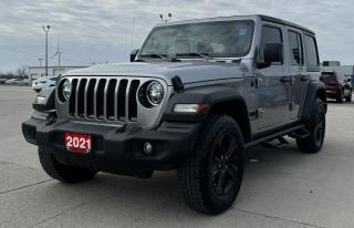 <p style=text-align: center;><span style=font-size: 18pt;><strong>2021 JEEP WRANGLER UNLIMITED SPORT ALTITUDE 4X4</strong></span></p><p style=text-align: center;><span style=font-size: 18pt;><span style=font-size: 24px;><strong> 2.0L DOHC I–4 DI TURBOCHARGED ENGINE W/ STOP/STAR</strong></span></span></p><p style=text-align: center;><span style=font-size: 14pt;>9.9L/100KM HIGHWAY / 10.8L/100KM COMBINED / 11.5L/100KM CITY</span></p><p style=text-align: center;><span style=font-size: 14pt;>270 HORSEPOWER / 295 LB-FT OF TORQUE</span></p><p style=text-align: center;><span style=font-size: 18pt;><span style=font-size: 24px;><strong>8–SPEED TORQUEFLITE AUTOMATIC TRANSMISSION</strong></span></span></p><p style=text-align: center;><span style=font-size: 18pt;><span style=font-size: 24px;><strong>18 GLOSS BLACK ALUMINUM WHEELS </strong></span></span></p><p style=text-align: center;> </p><p style=text-align: center;><strong><span style=font-size: 18.6667px;>FUNCTIONAL / SAFETY  FEATURES</span></strong></p><p style=text-align: center;><span style=font-size: 14pt;>2.72:1 Command–Trac part–time 4WD system, Electronic Stability Control, Traction Control, Electronic Roll Mitigation, Hill Start Assist, Trailer Sway Control, 4–wheel anti–lock disc brakes, Supplemental front seat–mounted side air bags, Advanced multistage front air bags, Child Seat Anchor System – LATCH Ready, Engine block heater, ParkView Rear Back–Up Camera, Transmission skid plate, Fuel tank skid plate, Transfer case skid plate, Black tow hooks (2 front and 1 rear), Torx tool kit for top and door removal, Tilt/telescoping steering column, Push–button start, Hands–free communication with Bluetooth streaming, Media hub with USB port and auxiliary input jack, 8–speaker sound system with overhead sound bar, Steering wheel–mounted audio controls, Cruise control, A/C with manual temperature control, Tire pressure monitoring system, Full–size spare tire </span></p><p style=text-align: center;><strong><span style=font-size: 14pt;>OPTIONAL EQUIPMENT </span></strong></p><p style=text-align: center;><span style=font-size: 14pt;><em>Customer Preferred Package 22L</em>: 18x7.5–inch Gloss Black aluminum wheels, Black Trail Rated badge, Heavy–duty 4–wheel anti–lock disc brakes, Wizard Black instrument panel bezels, Matte Black Jeep badge, Body–colour grille with Gloss Black inserts, Wrangler decal, Heavy–duty suspension with gas shocks, Sun visors with illuminated vanity mirrors, Black Freedom Top 3–piece modular hardtop, Speed–sensitive power locks, Automatic headlamps, P255/70R18 BSW All–Terrain tires, Deep–tint sunscreen windows, Mopar hardtop headliner, Leather–wrapped steering wheel, Power, heated exterior mirrors, Power windows with front 1–touch down, Rear window defroster, Rear window wiper with washer, Remote keyless entry, Security alarm</span></p><p style=text-align: center;><span style=font-size: 14pt;><em>Technology Group: </em>Selectable tire fill alert, 7–inch, full–colour driver information display, Google Android Auto, Apple CarPlay capable, SiriusXM satellite radio, Uconnect 4 with 7–inch display, Dual–zone A/C with automatic temperature control</span></p><p style=text-align: center;><span style=font-size: 14pt;><em>LED Headlamp & Fog Lamp Group: </em>Moulded–in–colour fender flares, LED fog lamps, LED reflector headlamps</span></p><p style=text-align: center;><span style=font-size: 14pt;><em>Convenience Group: </em>Universal garage door opener</span></p><p style=text-align: center;><span style=font-size: 14pt;><em>Cold Weather Group: </em>Heated steering wheel, Front heated seats, Remote start system</span></p><p style=text-align: center;><span style=font-size: 14pt;><em>Mopar all–weather floor mats</em></span></p><p style=text-align: center;><span style=font-size: 14pt;><em>8–speed TorqueFlite automatic transmission: </em>Selec–Speed control</span></p><p style=text-align: center;><span style=font-size: 14pt;><em>2.0L DOHC I–4 DI turbocharged engine w/ Stop/Start</em></span></p><p style=text-align: center;><span style=font-size: 14pt;><em>Alpine premium audio system: </em>220–amp alternator</span></p><p style=text-align: center;> </p><p style=text-align: center;> </p><p style=text-align: center;> </p><p style=box-sizing: border-box; margin-bottom: 1rem; margin-top: 0px; color: #212529; font-family: -apple-system, BlinkMacSystemFont, Segoe UI, Roboto, Helvetica Neue, Arial, Noto Sans, Liberation Sans, sans-serif, Apple Color Emoji, Segoe UI Emoji, Segoe UI Symbol, Noto Color Emoji; font-size: 16px; background-color: #ffffff; text-align: center; line-height: 1;><span style=box-sizing: border-box; font-family: arial, helvetica, sans-serif;><span style=box-sizing: border-box; font-weight: bolder;><span style=box-sizing: border-box; font-size: 14pt;>Here at Lanoue/Amfar Sales, Service & Leasing in Tilbury, we take pride in providing the public with a wide variety of High-Quality Pre-owned Vehicles. We recondition and certify our vehicles to a level of excellence that exceeds the Status Quo. We treat our Customers like family and provide the highest level of service from Start to Finish. If you’d like a smooth & stress-free car shopping experience, give one of our Sales Associates a call at 1-844-682-3325 to help you find your next NEW-TO-YOU vehicle!</span></span></span></p><p style=box-sizing: border-box; margin-bottom: 1rem; margin-top: 0px; color: #212529; font-family: -apple-system, BlinkMacSystemFont, Segoe UI, Roboto, Helvetica Neue, Arial, Noto Sans, Liberation Sans, sans-serif, Apple Color Emoji, Segoe UI Emoji, Segoe UI Symbol, Noto Color Emoji; font-size: 16px; background-color: #ffffff; text-align: center;> </p><p style=text-align: center;> </p><p style=box-sizing: border-box; margin-bottom: 1rem; margin-top: 0px; color: #212529; font-family: -apple-system, BlinkMacSystemFont, Segoe UI, Roboto, Helvetica Neue, Arial, Noto Sans, Liberation Sans, sans-serif, Apple Color Emoji, Segoe UI Emoji, Segoe UI Symbol, Noto Color Emoji; font-size: 16px; background-color: #ffffff; text-align: center; line-height: 1;><span style=box-sizing: border-box; font-family: arial, helvetica, sans-serif;><span style=box-sizing: border-box; font-weight: bolder;><span style=box-sizing: border-box; font-size: 14pt;>Although we try to take great care in being accurate with the information in this listing, from time to time, errors occur. The vehicle is priced as it is physically equipped. Minor variances will not effect pricing. Please verify the vehicle is As Expected when you visit. Thank You!</span></span></span></p>