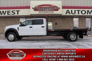**Cash Price: $64,800. PLUS PST & GST. NO ADMINISTRATION FEES!!   LOW INTEREST RATE LEASE FINANCING AVAILABLE OAC!  

VERY HARD TO FIND & STILL AS NEW, HEAVY DUTY 2020 Ford F-550 CREW CAB DUALLY 4X4 WITH 12FT FLAT DECK, 19,500LBS GVW AND THE FORD 7.3L V8 GODZILLA ENGINE. VERY RARE TRUCK, CLEAN & WORK READY!

READY FOR ALL YOUR BIG WORK NEEDS WITH ALL YOUR CREW - LOW KMS, VERY WELL SERVICED, LOADED WITH THE RIGHT EQUIPMENT, NEW GENERATION 2020 FORD F-550 HEAVY DUTY XLT CREW CAB 7.3L V-8 WITH THE NEW 10-SPEED TRANSMISSION AND 12 FT FLAT DECK DUALLY WITH 2 STAGE 4X4!!

- Fords New 7.3L Godzilla V8 Engine (producing  430 horsepower and a best-in-class 475 ft-lbs torque)
- All New 10-Speed automatic with standard PTO option
- 2 stage electronic shift on the fly 4x4 
- Dually Wheels
- Heavy Duty GVW - 19,500lbs GVW
- 6-passenger full crew seating 
- Premium Audio system with AUX, dual USB and Satellite radio 
- 4G LTE WiFi Mobile Hotspot Internet Access
- Android Auto / Apple Car Play
- Bluetooth phone connectivity 
- Full Power group
- Remote entry 
- Easy clean flooring 
- HD tow package with factory brake controller and tow mirrors
- Multiple Auxiliary switches 
- Cab Clearance lights
- XLT Chrome Appearance package
- Very nice 12 FT Venture Industries Flat Deck 
- Under-deck spare holder 
- Headache rack at flat deck width 
- Chrome Pacific Dually wheels dress up caps on Near New Michelin 19.5" HD Tires!
- Read below for more info... 

ATTENTION ALL SERVICE/TRADES /CONSTRUCTION COMPANIES/COOPS/AG SERVICES AND RMS! READY TO GO, EXCEPTIONALLY CLEAN & LOW WELL CARED FOR KMS, WITH A VERY GOOD SERVICE HISTORY AND JUST FULLY SERVICED AND CHECKED OVER AT A FORD DEALERSHIP AND FRESHLY SAFETIED! WELL EQUIPPED HD FLAT DECK TRUCK -  RARE AND HARD TO FIND CREW CAB F-550 FLAT DECK DUALLY 4X4, WITH THE ALL NEW 7.3L Godzilla V8 AND NEW 10-SPEED TRANSMISSION WITH STANDARD PTO, WELL SERVICED AND CARED FOR LOW KMS, LOADED WITH GREAT FEATURES SELLING AT A FRACTION OF NEW!! EXCELLENT DELIVERY TRUCK AND MORE! READY FOR ALL YOUR BIG WORK NEEDS, THIS IS A GREAT FLAT DECK 4X4 DUALLY WITH HEAVY DUTY GVW CREW CAB AND READY FOR ALL YOUR BIG HD WORK NEEDS! YOU CAN SAVE BIG $$ ON THIS EXCEPTIONALLY CLEAN DECK TRUCK. New Generation 2020 Ford F-550 Heavy Duty Crew Cab Dually with the 7.3L Triton V-8 engine and 2-stage electronic shift on the fly 4x4. This Deck was designed and installed by Ventures Industries, one of the best for quality and heavy-duty capacity. This is a loaded XLT model with just the right number of options making this the right truck including the NEW 7.3L V-8 producing a BIG 475 lb-ft of torque matched to the all new 10-speed automatic transmission (with standard PTO) and shift on the fly electronic 2-stage 4x4. Standard options include air, tilt, cruise, PW, PL, Premium Stereo with CD, AUX, USB and Satellite input, SYNC connectivity with Bluetooth, remote entry, HD tow package with factory brake controller, Auxiliary switches, NEW Chrome Pacific Dually caps with BRAND NEW HD tires, 19,500lbs GVW and so much more! Equipped with a High-End Heavy Duty Professionally installed Ventures Industries 12FT flat deck with under deck spare tire storage, HD tow hitch with 7 pin connection, multi-point tow hook accessibility and lots more. This is a well cared for Low km Western Canadian truck in amazing condition and is the perfect work truck for all /or any trades people alike. 
  
Comes with a fresh Manitoba Safety Certification, a clean, No Accident Western Canadian CARFAX history report and the balance of the Ford Canada factory warranty. Selling at a small fraction of New MRSP to build this truck today with the cost of the upgrades. ON SALE NOW (HUGE VALUE!!!) Trades accepted. View at Winnipeg West Automotive Group, 5195 Portage Ave. Dealer permit # 4365, Call now 1 (888) 601-3023.