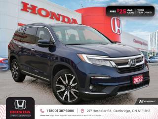 <p><strong>NEW COMPREHENSIVE WARRANTY INCLUDED & VALID TO 10/26/2026 OR 100,000 KMS! FULLY LOADED! TEST DRIVE TODAY! </strong>2022 Honda Pilot Touring featuring nine speed automatic transmission, seven passenger seating, leather interior, power moonroof, leather wrapped steering wheel, rearview camera with dynamic guidelines, push button start, wireless charging, remote engine starter, Apple CarPlay and Android Auto connectivity, Siri® Eyes Free compatibility, ECON mode, GPS navigation, Bluetooth, AM/FM audio system with two USB inputs, steering wheel mounted controls, cruise control, air conditioning, dual climate zones, heated front seats, two 12V power outlet, power mirrors, power locks, power windows, Anchors and Tethers for Children (LATCH), The Honda Sensing Technologies - Adaptive Cruise Control, Forward Collision Warning system, Collision Mitigation Braking system, Lane Departure Warning system, Lane Keeping Assist system and Road Departure Mitigation system, Blind Spot Information (BSI) system with Rear Cross Traffic Monitor system, remote keyless entry with liftgate release, auto on/off headlights, LED fog lights, electronic stability control and anti-lock braking system. Contact Cambridge Centre Honda for special discounted finance rates, as low as 8.99%, on approved credit from Honda Financial Services.</p>

<p><span style=color:#ff0000><strong>FREE $25 GAS CARD WITH TEST DRIVE!</strong></span></p>

<p>Our philosophy is simple. We believe that buying and owning a car should be easy, enjoyable and transparent. Welcome to the Cambridge Centre Honda Family! Cambridge Centre Honda proudly serves customers from Cambridge, Kitchener, Waterloo, Brantford, Hamilton, Waterford, Brant, Woodstock, Paris, Branchton, Preston, Hespeler, Galt, Puslinch, Morriston, Roseville, Plattsville, New Hamburg, Baden, Tavistock, Stratford, Wellesley, St. Clements, St. Jacobs, Elmira, Breslau, Guelph, Fergus, Elora, Rockwood, Halton Hills, Georgetown, Milton and all across Ontario!</p>