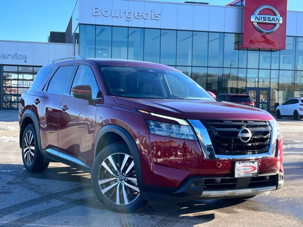 <p>Introducing the epitome of rugged elegance, the new Nissan Pathfinder Platinum 4WD. Dressed in a striking red exterior with a luxurious black interior, this SUV is not only a feast for the eyes but also a testament to superior handling and off-road prowess thanks to its advanced 4x4 drivetrain. Powered by a robust 3.5L 6-cylinder engine delivering 284 horsepower, it's designed to take you anywhere you wish to go with confidence and style.</p><p>The Pathfinder Platinum's exterior harmonizes ruggedness and sophistication, boasting alloy wheels that complement its commanding stance. Inside, occupants are treated to an equally impressive setting with leather seats, cooled and heated seating options for the front and rear, and a leather steering wheel, ensuring every journey is enveloped in comfort. Every detail, from the leather door trim inserts to the sunroof/moonroof, has been thoughtfully chosen to enhance the driving experience.</p><p>Tech enthusiasts will be delighted with the Pathfinder Platinum's cutting-edge technology and safety features. It is equipped with an intuitive navigation system, Bluetooth connection for seamless smartphone integration, and a broad array of driver assistance features including lane assist, adaptive cruise control, and a backup camera. The addition of a heads-up display ensures all critical information is in the drivers direct line of sight, reducing distractions and increasing safety. For added convenience, features like remote start, keyless entry, and a Wi-Fi hotspot ensure youre always connected, even on the go.</p><p>Geared towards the modern family or the adventure-seeker craving a blend of luxury, technology, and versatility, the Nissan Pathfinder Platinum 4WD is waiting to elevate your driving adventures. We encourage you to contact the dealership today for more information and to schedule a test drive. Don't miss the opportunity to experience this exceptional vehicle firsthand.</p> <p>Experience exceptional value with Bourgeois Midland Nissans executive demos. These are like-new vehicles with low mileage, premium features, and significant savings. Drive away with confidence, backed by the balance of factory warranties and our commitment to quality. Its a great way to own a new Nissan.</p> <p><strong>Financing Your Next Vehicle with Bourgeois Midland Nissan:</strong></p><p>At Bourgeois Midland Nissan, we make financing your next vehicle simple and stress-free! Our team works with trusted lenders to find flexible options tailored to your budget. Drive away with confidenceapply today!</p><p>Take advantage of our online pre-qualification tool, backed by Equifax and TD Bank to find the payment that works for you. Simply <a href=https://www.bourgeoisnissan.com/pre-qualify-for-financing/ rel=nofollow><strong>CLICK HERE</strong></a> to use our secure online credit tool with no impact to your credit.</p>