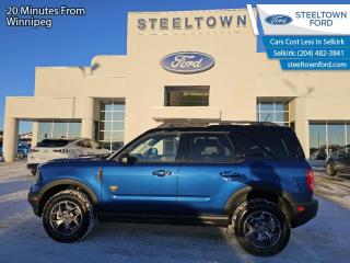 <b>Leather Seats,  Heated Seats, Sunroof, Ford Co-Pilot360 Assist+, Equipment Group 400A!</b><br> <br> <br> <br>We value your TIME, we wont waste it or your gas is on us!   We offer extended test drives and if you cant make it out to us we will come straight to you!<br> <br>  Designed for every adventurer, this Bronco Sport gets you out into the wild, and back again. <br> <br>A compact footprint, an iconic name, and modern luxury come together to make this Bronco Sport an instant classic. Whether your next adventure takes you deep into the rugged wilds, or into the rough and rumble city, this Bronco Sport is exactly what you need. With enough cargo space for all of your gear, the capability to get you anywhere, and a manageable footprint, theres nothing quite like this Ford Bronco Sport.<br> <br> This atlas blue metallic SUV  has an automatic transmission and is powered by a  250HP 2.0L 4 Cylinder Engine.<br> <br> Our Bronco Sports trim level is Badlands. Rugged and capable, this Bronco Sport Badlands is ready for your next off-road adventure, with beefy off-road suspension, a reinforced undercarriage with 4 skid plates, off-road wheels, and front tow hooks. Also standard include heated seats with SiriusXM streaming radio and exclusive aluminum wheels. This SUV also features a slew of standard infotainment and convenience features, including voice-activated automatic air conditioning, an 8-inch SYNC 3 powered infotainment screen with Apple CarPlay and Android Auto, smart charging USB type-A and type-C ports, 4G LTE mobile hotspot internet access, proximity keyless entry with remote start, and a robust terrain management system that features the trademark Go Over All Terrain (G.O.A.T.) driving modes. Additional features include blind spot detection, rear cross traffic alert and pre-collision assist with automatic emergency braking, lane keeping assist, lane departure warning, forward collision alert, driver monitoring alert, a rear-view camera, 3 12-volt DC and 120-volt AC power outlets, and so much more. This vehicle has been upgraded with the following features: Leather Seats,  Heated Seats, Sunroof, Ford Co-pilot360 Assist+, Equipment Group 400a, Premium Package, Class Ii Trailer Tow Package. <br><br> View the original window sticker for this vehicle with this url <b><a href=http://www.windowsticker.forddirect.com/windowsticker.pdf?vin=3FMCR9D92RRE13370 target=_blank>http://www.windowsticker.forddirect.com/windowsticker.pdf?vin=3FMCR9D92RRE13370</a></b>.<br> <br>To apply right now for financing use this link : <a href=http://www.steeltownford.com/?https://CreditOnline.dealertrack.ca/Web/Default.aspx?Token=bf62ebad-31a4-49e3-93be-9b163c26b54c&La target=_blank>http://www.steeltownford.com/?https://CreditOnline.dealertrack.ca/Web/Default.aspx?Token=bf62ebad-31a4-49e3-93be-9b163c26b54c&La</a><br><br> <br/> Weve discounted this vehicle $1500. Total  cash rebate of $4000 is reflected in the price. Credit includes $2,000 Non-Stackable Cash Purchase Assistance. Credit is available in lieu of subvented financing rates.  Incentives expire 2024-04-30.  See dealer for details. <br> <br>Family owned and operated in Selkirk for 35 Years.  <br>Steeltown Ford is located just 20 minutes North of the Perimeter Hwy, with an onsite banking center that offers free consultations. <br>Ask about our special dealer rates available through all major banks and credit unions.<br>Dealer retains all rebates, plus taxes, govt fees and Steeltown Protect Plus.<br>Steeltown Ford Protect Plus includes:<br>- Life Time Tire Warranty <br>Dealer Permit # 1039<br><br><br> Come by and check out our fleet of 100+ used cars and trucks and 210+ new cars and trucks for sale in Selkirk.  o~o