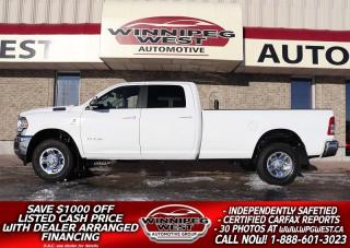 **Cash Price: $60,800. Finance Price: $59,800. (SAVE $1000 OFF THE LISTED CASH PRICE WITH DEALER ARRANGED FINANCING O.A.C.) NO ADMINISTRATION FEES!! 

STILL AS NEW, HARD-TO-FIND FULL SIZE 8-FOOT BOX 6.7L CUMMINS DIESEL 4X4, WELL SERVICED WESTERN CANADIAN (SK) TRUCK! THIS TRUCK IS WELL EQUIPPED & VERY SHARP NEW GENERATION 2020 RAM 2500 BIG HORN CREW CAB 6.7L CUMMINS, 4X4 - LOADED WITH OPTIONS & 8 FT BOX, VERY CLEAN AND READY TO WORK!! AND IT IS ONLY 9,900lbs GVW SO NO ANNUAL MB SAFETIES!!

- 6.7L CUMMINS Diesel Engine (370 hp with 850ft/lbs Torque) 
- 6 Speed Automatic RFE68
- Auto 4x4 with 2 Stage Transfer Case & Anti-Spin Differential  
- Electronic Stability Control
- Traction Control
- 6-Passenger seating (large center fold down console) 
- Uconnect 5 Inch multimedia infotainment sys
- 3.5-inch Electronic Vehicle information Center 
- Bluetooth Phone and Media Inputs 
- Handsfree communication with Bluetooth streaming
- Media hub w/ 2 USB ports and auxiliary input jack
- Keyless Pushbutton start
- Remote keyless entry
- GVWR: 4490 kg (9900 lb)
- Factory HD Tow Package w/Trailer Brake Controller
- Factory exhaust brake
- Trailer Sway Control
- Extendable Heated Towing Mirrors 
- Park View Rear Backup Camera
- Transfer case skid plate
- Chrome Appearance package
- Optional New Box Liner available (as shown and pre-installed for a great deal below dealer cost!)
- Bright Chrome Sport wheels on very strong Firestone Destination tires
- So much more....

EXCEPTIONALLY CLEAN AND WELL CARED FOR, STILL SHOWS AS NEW, WELL EQUIPPED NEW GENERATION 2020 RAM 2500 BIG HORN CREW CAB 6.7L CUMMINS 4x4 WITH THE FULL SIZE 8FT BOX!! Factory tow package and LOTS of options and extras. This truck shows like new and is extra sharp in all respects. The 6.7L CUMMINS produces 370 Horsepower with 850 Ft/Lbs- of Torque matched to the 6-speed automatic transmission and 4X4 with 2 stage transfer case and anti-spin rear differential. What a great look! Gorgeous truck in all respects that will pull anything for work or pleasure with all the family or work crew in style. Note - Only 9,900 lbs GVW, so no annual safeties.... Pride of ownership is very evident.  

Comes with a Fresh Manitoba Safety Certification, a clean & well serviced Certified western Canadian CARFAX history report, the balance of the Ram Canada factory warranty, and we have many unlimited KM warranty options available to choose from. ON SALE NOW (HUGE VALUE!!!) Zero down financing available OAC. Please see dealer for details. Trades accepted. View at Winnipeg West Automotive Group, 5195 Portage Ave. Dealer permit # 4365, Call now 1 (888) 601-3023