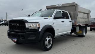 <p style=text-align: center;><span style=font-size: 18pt;><strong>2022 RAM 5500 DUMP - TRADESMAN 4X2 CREW CAB 197.4 WB 84 CA</strong></span></p><p style=text-align: center;><span style=font-size: 18pt;><span style=font-size: 24px;><strong>6.7L CUMMINS I-6 TURBOCHARGED DIESEL ENGINE </strong></span></span></p><p style=text-align: center;><span style=font-size: 14pt;>360 HORSEPOWER / 800 LB-FT OF TORQUE</span></p><p style=text-align: center;><span style=font-size: 18.6667px;>GVWR: 19,500 LBS (DUMP NOT FACTORED)</span></p><p style=text-align: center;><strong><span style=font-size: 24px;>6-SPEED AISIN HEAVY-DUTY AUTOMATIC TRANSMISSION </span></strong></p><p style=text-align: center;><span style=font-size: 18pt;><strong>19 STEEL WHEELS </strong></span></p><p style=text-align: center;> </p><p style=text-align: center;> </p><p style=text-align: center;><strong><span style=font-size: 18.6667px;>ALUMINUM DUMP BODY:</span></strong></p><p style=text-align: center;><strong><span style=font-size: 18.6667px;>142 OUTSIDE LENGTH / 138 INSIDE / 90 WIDTH</span></strong></p><p style=text-align: center;><strong><span style=font-size: 18.6667px;>DUMP WEIGHT: ~3,650 LBS</span></strong></p><p style=text-align: center;> </p><p style=text-align: center;> </p><p style=text-align: center;><strong><span style=font-size: 18.6667px;>FUNCTIONAL / SAFETY FEATURES</span></strong></p><p style=text-align: center;><span style=font-size: 18.6667px;>Upfitter electronic module (VSIM), Push-button start, 730-amp maintenance-free battery, Ready Alert Braking, 196.8-litre fuel tank, Electronic Stability Control, 4-wheel anti-lock disc brakes, Advanced multistage front air bags, Front height adjusting shoulder belts, Anti-spin differential rear axle, Dash pass-thru wire circuits, 12-volt auxiliary power outlet, Bulb out detection defeat for LED, Remote USB charging port, Engine block heater, Auxiliary transmission oil cooler, Cruise control,   Heavy-duty engine cooling, Front heavy-duty shock absorbers, Rear heavy-duty shock absorbers, Tow hooks, 7-pin wiring harness, 180-amp alternator</span></p><p style=text-align: center;><strong><span style=font-size: 18.6667px;>INTERIOR FEATURES</span></strong></p><p style=text-align: center;><span style=font-size: 18.6667px;>Hands-free phone communication, Media hub w/ 2 USB ports and auxiliary input jack, Heavy-duty vinyl front 40/20/40 split bench seat, Audio input jack for mobile devices, 3.5-inch Black and White in-cluster display, Air conditioning, Remote USB port, IP-mounted auxiliary switches, Black vinyl floor covering, Driver and passenger assist handles, Rearview day/night mirror, 3.5-inch Electronic Vehicle Information Centre</span></p><p style=text-align: center;><strong><span style=font-size: 18.6667px;>EXTERIOR FEATURES</span></strong></p><p style=text-align: center;><span style=font-size: 18.6667px;>19.5x6-inch steel wheels, Black, manual folding trailer tow mirrors, Automatic headlamps </span></p><p style=text-align: center;> </p><p style=text-align: center;> </p><p style=text-align: center;><strong><span style=font-size: 18.6667px;>OPTIONAL EQUIPMENT</span></strong></p><p style=text-align: center;><span style=text-decoration: underline;><em><span style=font-size: 18.6667px;> Cloth front 40/20/40 split bench seat</span></em></span></p><p style=text-align: center;><em><span style=text-decoration: underline;><span style=font-size: 18.6667px;>Customer Preferred Package 2YA:</span></span><span style=font-size: 18.6667px;> </span></em><span style=font-size: 18.6667px;>Black, power, manual folding, trailer tow mirrors, Quad-lens halogen headlamps, Heated exterior mirrors</span></p><p style=text-align: center;><span style=font-size: 18.6667px;><em><span style=text-decoration: underline;>DOT-certified roadside safety kit</span></em></span></p><p style=text-align: center;><span style=font-size: 18.6667px;><em><span style=text-decoration: underline;>Convenience Group:</span> </em>A/C with dual-zone automatic temperature control</span></p><p style=text-align: center;><span style=font-size: 18.6667px;><em><span style=text-decoration: underline;>Heavy-Duty Snowplow Prep Group:</span></em> Heavy-Duty Front Suspension Group, 220-amp alternator</span></p><p style=text-align: center;><span style=font-size: 18.6667px;><span style=text-decoration: underline;><em> Max Tow Package:</em></span><em> </em>4.89 rear axle ratio</span></p><p style=text-align: center;><em><span style=text-decoration: underline;><span style=font-size: 18.6667px;>6-speed AISIN heavy-duty automatic transmission</span></span></em></p><p style=text-align: center;><span style=text-decoration: underline;><em><span style=font-size: 18.6667px;> 6.7L Cummins I-6 turbocharged diesel engine</span></em></span></p><p style=text-align: center;><em><span style=text-decoration: underline;><span style=font-size: 18.6667px;>Remote keyless entry</span></span></em></p><p style=text-align: center;><span style=font-size: 18.6667px;><em><span style=text-decoration: underline;>115-volt auxiliary power outlet - instrument panel:</span></em> 400-watt inverter</span></p><p style=text-align: center;><em><span style=text-decoration: underline;><span style=font-size: 18.6667px;>Power 2-way driver lumbar adjust</span></span></em></p><p style=text-align: center;><em><span style=text-decoration: underline;><span style=font-size: 18.6667px;>LED taillamps</span></span></em></p><p style=text-align: center;><em><span style=text-decoration: underline;><span style=font-size: 18.6667px;>Power take off prep</span></span></em></p><p style=text-align: center;><em><span style=text-decoration: underline;><span style=font-size: 18.6667px;>Cargo and centre high-mounted stop lamps</span></span></em></p><p style=text-align: center;><em><span style=text-decoration: underline;><span style=font-size: 18.6667px;>225/70R19.5G FT All-Position RR traction</span></span></em></p><p style=text-align: center;><em><span style=text-decoration: underline;><span style=font-size: 18.6667px;>Full-size spare tire</span></span></em></p><p style=text-align: center;><span style=font-size: 18.6667px;><em><span style=text-decoration: underline;>Uconnect 5 NAV with 8.4-inch display:</span></em> Off-Road Info Pages, 3.5-inch colour in—cluster display, GPS navigation, Google Android Auto, Apple CarPlay capable, </span><span style=font-size: 18.6667px;>Alexa Built-In, </span><span style=font-size: 18.6667px;>8.4-inch touchscreen, </span><span style=font-size: 18.6667px;>4G LTE Wi-Fi Hot Spot, SiriusXM capable</span></p><p style=text-align: center;><span style=font-size: 18.6667px;><span style=text-decoration: underline;><em>Rear back-up alarm</em></span></span></p><p style=text-align: center;><span style=font-size: 18.6667px;><em><span style=text-decoration: underline;>Engine shutdown timer</span></em></span></p><p style=text-align: center;><span style=font-size: 18.6667px;><em><span style=text-decoration: underline;>Dual alternators rated at 440 amps</span></em></span></p><p style=text-align: center;><span style=font-size: 18.6667px;><em><span style=text-decoration: underline;>Trailer brake control</span></em></span></p><p style=text-align: center;> </p><p style=text-align: center;> </p><p style=text-align: center;> </p><p style=box-sizing: border-box; margin-bottom: 1rem; margin-top: 0px; color: #212529; font-family: -apple-system, BlinkMacSystemFont, Segoe UI, Roboto, Helvetica Neue, Arial, Noto Sans, Liberation Sans, sans-serif, Apple Color Emoji, Segoe UI Emoji, Segoe UI Symbol, Noto Color Emoji; font-size: 16px; background-color: #ffffff; text-align: center; line-height: 1;><span style=box-sizing: border-box; font-family: arial, helvetica, sans-serif;><span style=box-sizing: border-box; font-weight: bolder;><span style=box-sizing: border-box; font-size: 14pt;>Here at Lanoue/Amfar Sales, Service & Leasing in Tilbury, we take pride in providing the public with a wide variety of High-Quality Pre-owned Vehicles. We recondition and certify our vehicles to a level of excellence that exceeds the Status Quo. We treat our Customers like family and provide the highest level of service from Start to Finish. If you’d like a smooth & stress-free car shopping experience, give one of our Sales Associates a call at 1-844-682-3325 to help you find your next NEW-TO-YOU vehicle!</span></span></span></p><p style=box-sizing: border-box; margin-bottom: 1rem; margin-top: 0px; color: #212529; font-family: -apple-system, BlinkMacSystemFont, Segoe UI, Roboto, Helvetica Neue, Arial, Noto Sans, Liberation Sans, sans-serif, Apple Color Emoji, Segoe UI Emoji, Segoe UI Symbol, Noto Color Emoji; font-size: 16px; background-color: #ffffff; text-align: center;> </p><p style=box-sizing: border-box; margin-bottom: 1rem; margin-top: 0px; color: #212529; font-family: -apple-system, BlinkMacSystemFont, Segoe UI, Roboto, Helvetica Neue, Arial, Noto Sans, Liberation Sans, sans-serif, Apple Color Emoji, Segoe UI Emoji, Segoe UI Symbol, Noto Color Emoji; font-size: 16px; background-color: #ffffff; text-align: center;> </p><p style=box-sizing: border-box; margin-bottom: 1rem; margin-top: 0px; color: #212529; font-family: -apple-system, BlinkMacSystemFont, Segoe UI, Roboto, Helvetica Neue, Arial, Noto Sans, Liberation Sans, sans-serif, Apple Color Emoji, Segoe UI Emoji, Segoe UI Symbol, Noto Color Emoji; font-size: 16px; background-color: #ffffff; text-align: center; line-height: 1;><span style=box-sizing: border-box; font-family: arial, helvetica, sans-serif;><span style=box-sizing: border-box; font-weight: bolder;><span style=box-sizing: border-box; font-size: 14pt;>Although we try to take great care in being accurate with the information in this listing, from time to time, errors occur. The vehicle is priced as it is physically equipped. Minor variances will not effect pricing. Please verify the vehicle is As Expected when you visit. Thank You!</span></span></span></p>