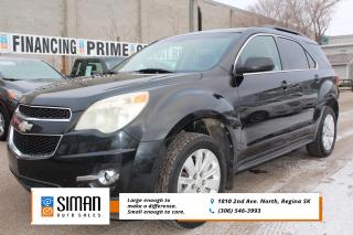 <p><strong>EXCELLENT CONDITION GOOD SERVICE RECORDS </strong></p>

<p>Our Chevrolet Equinox LT has been through a <strong>presale inspection fresh full synthetic oil service. Carfax reports Saskatchewan vehicle with no serious co9llsions and good service records. Some finance options still remain. Trades Encouraged Aftermarket warranties available to fit every need and budget.</strong> a leather-wrapped steering wheel and Bluetooth connectivity are now standard on 1LT models. The 2011 Chevy Equinox is a stylish and comfortable entry in the highly competitive small-crossover segment. RAV4 and CR-V shoppers should take notice. Roomy and graced with a snappy V6, the Equinox has its charms. Thanks to a full redesign last year, the latest Equinox has vaulted up to be a top pick in the small crossover SUV segment. With a rear seat that slides back to create an expanse worthy of a prom-night limousine, the Equinox easily counts rear legroom among its strengths. Ride quality is another plus, with the Equinox delivering a stable, well-planted ride. In terms of equipment, the Chevy is fully competitive, with plenty of standard features and some nice upgrades. Antilock disc brakes (with brake assist), traction and stability control, front seat side airbags, side curtain airbags and OnStar. top five stars for its performance in head-on and side-impact collisions for all occupants. In side-impact and frontal-offset crash testing conducted by the Insurance Institute for Highway Safety, the Equinox earned a top "Good" rating. cruise control, air-conditioning, full power accessories, power front seat height adjustment, a sliding and reclining backseat, a tilt-and-telescoping steering wheel, OnStar and a six-speaker sound system with CD player, satellite radio and an auxiliary audio jack. The 1LT adds tinted rear windows, roof rails, a leather-wrapped steering wheel, Bluetooth and an iPod/USB audio interface. Equipped with the V6 engine, 18-inch wheels are added.</p>

<p><span style=color:#2980b9><strong>Siman Auto Sales is large enough to make a difference but small enough to care. We are family owned and operated, and have been proudly serving Saskatchewan car buyers since 1998. We offer on site financing, consignment, automotive repair and over 90 preowned vehicles to choose from.</strong></span></p>