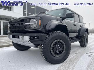 <b>Leather Seats, Luxury Package, Wireless Charging, Navigation, Heated Steering Wheel!</b><br> <br> <br> <br>  With cool retro-styling, innovative features and impressive off-road capability, this legendary 2023 Ford Bronco has very little to prove. <br> <br>With a nostalgia-inducing design along with remarkable on-road driving manners with supreme off-road capability, this 2023 Ford Bronco is indeed a jack of all trades, and masters every one of them. Durable build materials and functional engineering coupled with modern day infotainment and driver assistive features ensure that this iconic vehicle takes on whatever you can throw at it. Want an SUV that can genuinely do it all and look good while at it? Look no further than this 2023 Ford Bronco!<br> <br> This shadow black SUV  has a 10 speed automatic transmission and is powered by a  418HP 3.0L V6 Cylinder Engine.<br> <br> Our Broncos trim level is Raptor. Sitting atop the Bronco line-up, this aggressive and imposing Bronco Raptor is kitted with an upgraded powertrain for incredible performance, and comes standard with 6 skid plates for undercarriage protection, front active anti-roll bars, FOX racing shock absorbers, massive and capable 37-inch tires, splash guards and side steps, and a comprehensive 360-camera system. This rugged off-roader also treats you to amazing comfort and connectivity features that include heated front seats, remote engine start, dual-zone climate control, front and rear cupholders, and an upgraded infotainment system with Apple CarPlay, Android Auto, SiriusXM and inbuilt navigation, to get you back home from your off-road adventures. Road safety is assured thanks to a suite of systems including blind spot detection, pre-collision assist with pedestrian detection and cross-traffic alert, lane keeping assist with lane departure warning, rear parking sensors, and driver monitoring alert. Additional features include proximity keyless entry with push button start, trail control, trail turn assist, and so much more. This vehicle has been upgraded with the following features: Leather Seats, Luxury Package, Wireless Charging, Navigation, Heated Steering Wheel, Adaptive Cruise Control, Carpeted Flooring. <br><br> View the original window sticker for this vehicle with this url <b><a href=http://www.windowsticker.forddirect.com/windowsticker.pdf?vin=1FMEE5JR3PLB92181 target=_blank>http://www.windowsticker.forddirect.com/windowsticker.pdf?vin=1FMEE5JR3PLB92181</a></b>.<br> <br>To apply right now for financing use this link : <a href=https://www.webbsford.com/financing/ target=_blank>https://www.webbsford.com/financing/</a><br><br> <br/> See dealer for details. <br> <br>Webbs Ford is located at 4118 - 51st Street in beautiful Vermilion, AB. <br/>We offer superior sales and service for our valued customers and are committed to serving our friends and clients with the best services possible. If you are looking to set up a test drive in one of our new Fords or looking to inquire about financing options, please call (780) 853-2841 and speak to one of our professional staff members today.   o~o
