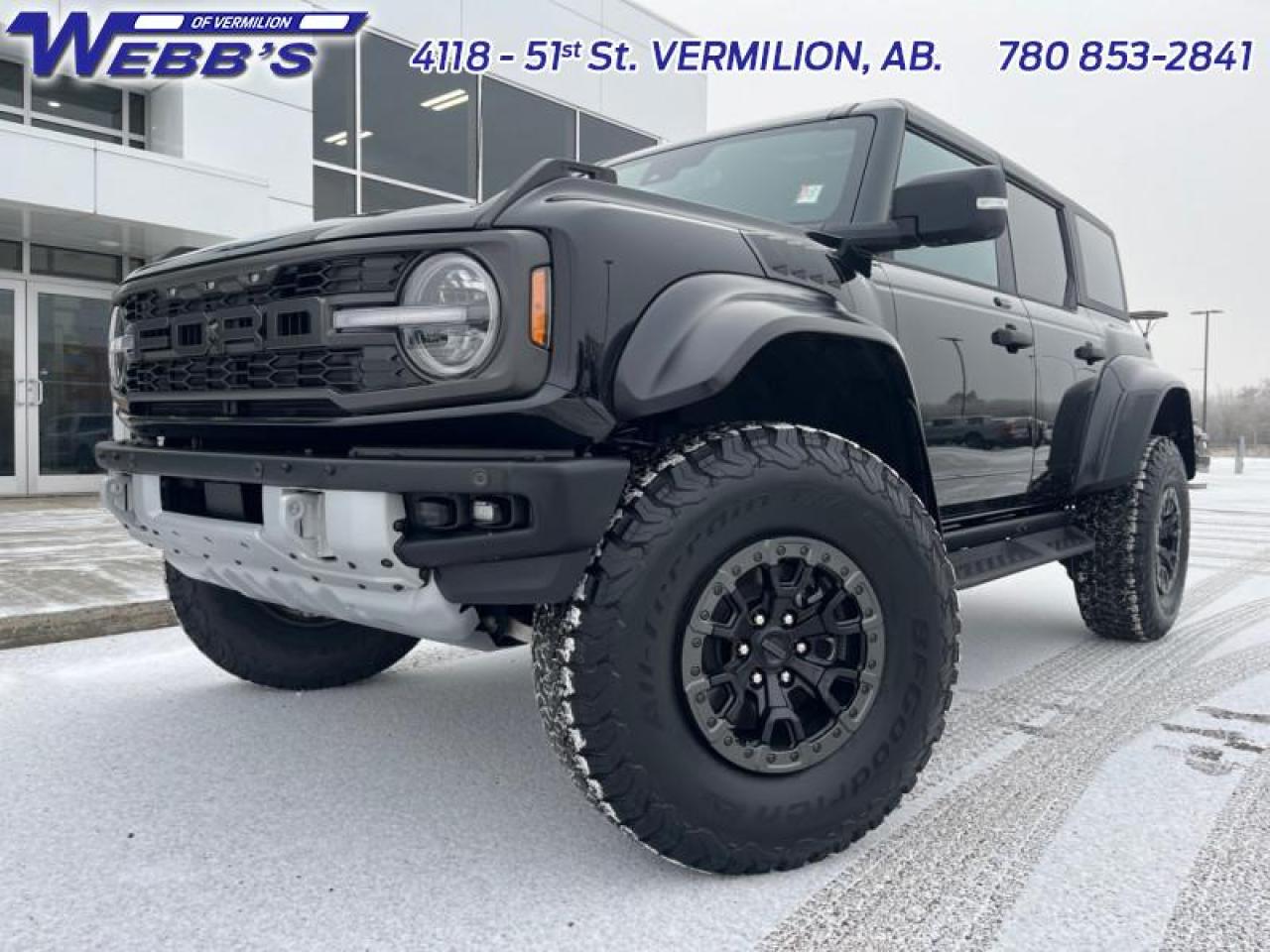 <b>Leather Seats, Luxury Package, Wireless Charging, Navigation, Heated Steering Wheel!</b><br> <br> <br> <br>  Turn heads with this stylish yet remarkably capable 2023 Ford Bronco. <br> <br>With a nostalgia-inducing design along with remarkable on-road driving manners with supreme off-road capability, this 2023 Ford Bronco is indeed a jack of all trades, and masters every one of them. Durable build materials and functional engineering coupled with modern day infotainment and driver assistive features ensure that this iconic vehicle takes on whatever you can throw at it. Want an SUV that can genuinely do it all and look good while at it? Look no further than this 2023 Ford Bronco!<br> <br> This shadow black SUV  has a 10 speed automatic transmission and is powered by a  418HP 3.0L V6 Cylinder Engine.<br> <br> Our Broncos trim level is Raptor. Sitting atop the Bronco line-up, this aggressive and imposing Bronco Raptor is kitted with an upgraded powertrain for incredible performance, and comes standard with 6 skid plates for undercarriage protection, front active anti-roll bars, FOX racing shock absorbers, massive and capable 37-inch tires, splash guards and side steps, and a comprehensive 360-camera system. This rugged off-roader also treats you to amazing comfort and connectivity features that include heated front seats, remote engine start, dual-zone climate control, front and rear cupholders, and an upgraded infotainment system with Apple CarPlay, Android Auto, SiriusXM and inbuilt navigation, to get you back home from your off-road adventures. Road safety is assured thanks to a suite of systems including blind spot detection, pre-collision assist with pedestrian detection and cross-traffic alert, lane keeping assist with lane departure warning, rear parking sensors, and driver monitoring alert. Additional features include proximity keyless entry with push button start, trail control, trail turn assist, and so much more. This vehicle has been upgraded with the following features: Leather Seats, Luxury Package, Wireless Charging, Navigation, Heated Steering Wheel, Adaptive Cruise Control, Carpeted Flooring. <br><br> View the original window sticker for this vehicle with this url <b><a href=http://www.windowsticker.forddirect.com/windowsticker.pdf?vin=1FMEE5JR3PLB92181 target=_blank>http://www.windowsticker.forddirect.com/windowsticker.pdf?vin=1FMEE5JR3PLB92181</a></b>.<br> <br>To apply right now for financing use this link : <a href=https://www.webbsford.com/financing/ target=_blank>https://www.webbsford.com/financing/</a><br><br> <br/> See dealer for details. <br> <br>Webbs Ford is located at 4118 - 51st Street in beautiful Vermilion, AB. <br/>We offer superior sales and service for our valued customers and are committed to serving our friends and clients with the best services possible. If you are looking to set up a test drive in one of our new Fords or looking to inquire about financing options, please call (780) 853-2841 and speak to one of our professional staff members today.   Vehicle pricing offer shown expire 2024-11-30.  o~o