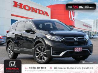 <p><strong>NEW COMPREHENSIVE WARRANTY INCLUDED & VALID TO 01/22/2025 OR 100,000 KMS! IN EXCELLENT SHAPE! TEST DRIVE TODAY! </strong>2021 Honda CR-V Sport featuring CVT transmission, five passenger seating, power sunroof, remote engine starter, rearview camera with dynamic guidelines, Apple CarPlay and Android Auto connectivity, Siri® Eyes Free compatibility, ECON mode, Bluetooth, AM/FM audio system with two USB inputs, steering wheel mounted controls, cruise control, air conditioning, dual climate zones, heated front seats, 12V power outlet, idle stop, power mirrors, power locks, power windows, 60/40 split fold-down rear seatback, Anchors and Tethers for Children (LATCH), The Honda Sensing Technologies - Adaptive Cruise Control, Forward Collision Warning system, Collision Mitigation Braking system, Lane Departure Warning system, Lane Keeping Assist system and Road Departure Mitigation system, remote keyless entry with trunk release, auto on/off headlights, LED brake lights, LED tail lights, electronic stability control and anti-lock braking system. Contact Cambridge Centre Honda for special discounted finance rates, as low as 8.99%, on approved credit from Honda Financial Services.</p>

<p><span style=color:#ff0000><strong>FREE $25 GAS CARD WITH TEST DRIVE!</strong></span></p>

<p>Our philosophy is simple. We believe that buying and owning a car should be easy, enjoyable and transparent. Welcome to the Cambridge Centre Honda Family! Cambridge Centre Honda proudly serves customers from Cambridge, Kitchener, Waterloo, Brantford, Hamilton, Waterford, Brant, Woodstock, Paris, Branchton, Preston, Hespeler, Galt, Puslinch, Morriston, Roseville, Plattsville, New Hamburg, Baden, Tavistock, Stratford, Wellesley, St. Clements, St. Jacobs, Elmira, Breslau, Guelph, Fergus, Elora, Rockwood, Halton Hills, Georgetown, Milton and all across Ontario!</p>