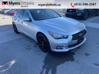 <b>Low Mileage, Navigation,  Sunroof,  Leather Seats,  Heated Seats,  Premium Sound Package!</b><br> <br>  Compare at $22816 - Our Price is just $22151! <br> <br>   Meet Infinitis artfully sculpted and muscular midsizer, the Q50. This  2016 INFINITI Q50 is for sale today in Ottawa. <br> <br>Make a powerful statement with this beautiful Infiniti Q50. Its head-turning design is backed up by impressive performance from the responsive engine to the competent handling. Inside, youll be welcomed with premium materials and modern technology. If you want a luxury sedan that wont blend in with the mundane, this exciting, yet dignified Infiniti Q50 is a top choice. This  sedan has 88,762 kms. Its  silver in colour  . It has an automatic transmission and is powered by a  360HP 3.5L V6 Cylinder Engine.  It may have some remaining factory warranty, please check with dealer for details. <br> <br> Our Q50s trim level is Hybrid. Enjoy increased economy and premium luxury features in this Infiniti Q50 hybrid. Standard options include a power sunroof, heated auto dimming rear view mirrors, with turn signals, front fog lamps, automatic headlights, Bose premium audio system with 14 speakers, integrated voice controlled navigation, heated front bucket seats, power tilt and telescopic steering column, distance pacing cruise control, dual zone automatic air conditioning, leather seat trim, an auto dimming rear view mirror, smart device integration, front and rear parking sensors, blind spot sensor, lane departure and lane keeping assist, and a quad camera setup for more viewing angles. This vehicle has been upgraded with the following features: Navigation,  Sunroof,  Leather Seats,  Heated Seats,  Premium Sound Package,  Heated Steering Wheel,  Bluetooth. <br> <br>To apply right now for financing use this link : <a href=https://www.myersinfiniti.ca/finance/ target=_blank>https://www.myersinfiniti.ca/finance/</a><br><br> <br/><br> Buy this vehicle now for the lowest bi-weekly payment of <b>$297.96</b> with $0 down for 48 months @ 11.00% APR O.A.C. ( taxes included, and licensing fees   ).  See dealer for details. <br> <br>*LIFETIME ENGINE TRANSMISSION WARRANTY NOT AVAILABLE ON VEHICLES WITH KMS EXCEEDING 140,000KM, VEHICLES 8 YEARS & OLDER, OR HIGHLINE BRAND VEHICLE(eg. BMW, INFINITI. CADILLAC, LEXUS...)<br> Come by and check out our fleet of 30+ used cars and trucks and 90+ new cars and trucks for sale in Ottawa.  o~o