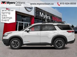 <b>Off-Road Package,  Sunroof,  Navigation,  Synthetic Leather Seats,  Apple CarPlay!</b><br> <br> <br> <br>  You can return to your rugged roots in this 2024 Nissan Pathfinder. <br> <br>With all the latest safety features, all the latest innovations for capability, and all the latest connectivity and style features you could want, this 2024 Nissan Pathfinder is ready for every adventure. Whether its the urban cityscape, or the backcountry trail, this 2024Pathfinder was designed to tackle it with grace. If you have an active family, they deserve all the comfort, style, and capability of the 2024 Nissan Pathfinder.<br> <br> This glacier white SUV  has an automatic transmission and is powered by a  284HP 3.5L V6 Cylinder Engine.<br> <br> Our Pathfinders trim level is Rock Creek. Built to take on the rugged outdoors and brave through the most unforgiving of terrains, this Pathfinder Rock Creek edition is loaded with beefy off-road suspension, locking wheel hubs, and unique exterior off-road body styling. Also standard include heated synthetic leather trimmed seats, driver memory settings, and a 120V outlet to this incredible SUV. This family hauler is ready for the city or the trail with modern features such as NissanConnect with navigation, touchscreen, and voice command, Apple CarPlay and Android Auto, paddle shifters, Class III towing equipment with hitch sway control, automatic locking hubs, alloy wheels, automatic LED headlamps, and fog lamps. Keep your family safe and comfortable with a heated leather steering wheel, a dual row sunroof, a proximity key with proximity cargo access, smart device remote start, power liftgate, collision mitigation, lane keep assist, blind spot intervention, front and rear parking sensors, and a 360-degree camera. This vehicle has been upgraded with the following features: Off-road Package,  Sunroof,  Navigation,  Synthetic Leather Seats,  Apple Carplay,  Android Auto,  Power Liftgate. <br><br> <br/>    6.49% financing for 84 months. <br> Payments from <b>$839.34</b> monthly with $0 down for 84 months @ 6.49% APR O.A.C. ( Plus applicable taxes -  $621 Administration fee included. Licensing not included.    ).  Incentives expire 2024-05-31.  See dealer for details. <br> <br> <br>LEASING:<br><br>Estimated Lease Payment: $773/m <br>Payment based on 3.99% lease financing for 39 months with $0 down payment on approved credit. Total obligation $30,148. Mileage allowance of 20,000 KM/year. Offer expires 2024-05-31.<br><br><br>We are proud to regularly serve our clients and ready to help you find the right car that fits your needs, your wants, and your budget.And, of course, were always happy to answer any of your questions.Proudly supporting Ottawa, Orleans, Vanier, Barrhaven, Kanata, Nepean, Stittsville, Carp, Dunrobin, Kemptville, Westboro, Cumberland, Rockland, Embrun , Casselman , Limoges, Crysler and beyond! Call us at (613) 824-8550 or use the Get More Info button for more information. Please see dealer for details. The vehicle may not be exactly as shown. The selling price includes all fees, licensing & taxes are extra. OMVIC licensed.Find out why Myers Orleans Nissan is Ottawas number one rated Nissan dealership for customer satisfaction! We take pride in offering our clients exceptional bilingual customer service throughout our sales, service and parts departments. Located just off highway 174 at the Jean DÀrc exit, in the Orleans Auto Mall, we have a huge selection of New vehicles and our professional team will help you find the Nissan that fits both your lifestyle and budget. And if we dont have it here, we will find it or you! Visit or call us today.<br> Come by and check out our fleet of 50+ used cars and trucks and 120+ new cars and trucks for sale in Orleans.  o~o