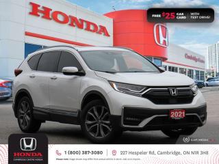 <p><strong>NEW COMPREHENSIVE WARRANTY INCLUDED & VALID TO 09/19/2027 OR 100,000 KMS! GREAT CR-V! ONE PREVIOUS OWNER! NO REPORTED ACCIDENTS! </strong>2021 Honda CR-V Touring featuring CVT transmission, five passenger seating, power sunroof, remote engine starter, rearview camera with dynamic guidelines, Apple CarPlay and Android Auto connectivity, Siri® Eyes Free compatibility, GPS navigation, SiriusXM Satellite radio equipped, ECON mode, Bluetooth, AM/FM audio system with two USB inputs, wireless charging, steering wheel mounted controls, cruise control, air conditioning, dual climate zones, heated front seats, 12V power outlet, idle stop, power mirrors, power locks, power windows, 60/40 split fold-down rear seatback, Anchors and Tethers for Children (LATCH), The Honda Sensing Technologies - Adaptive Cruise Control, Forward Collision Warning system, Collision Mitigation Braking system, Lane Departure Warning system, Lane Keeping Assist system and Road Departure Mitigation system, remote keyless entry with trunk release, auto on/off headlights, LED brake lights, LED tail lights, electronic stability control and anti-lock braking system. Contact Cambridge Centre Honda for special discounted finance rates, as low as 8.99%, on approved credit from Honda Financial Services.</p>

<p><span style=color:#ff0000><strong>FREE $25 GAS CARD WITH TEST DRIVE!</strong></span></p>

<p>Our philosophy is simple. We believe that buying and owning a car should be easy, enjoyable and transparent. Welcome to the Cambridge Centre Honda Family! Cambridge Centre Honda proudly serves customers from Cambridge, Kitchener, Waterloo, Brantford, Hamilton, Waterford, Brant, Woodstock, Paris, Branchton, Preston, Hespeler, Galt, Puslinch, Morriston, Roseville, Plattsville, New Hamburg, Baden, Tavistock, Stratford, Wellesley, St. Clements, St. Jacobs, Elmira, Breslau, Guelph, Fergus, Elora, Rockwood, Halton Hills, Georgetown, Milton and all across Ontario!</p>
