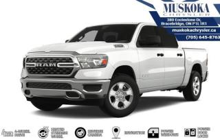 This RAM 1500 BIG HORN, with a 5.7L HEMI V-8 engine engine, features a 8-speed automatic transmission, and generates 10.5 highway/13.4 city L/100km. Find this vehicle with only 35 kilometers!  RAM 1500 BIG HORN Options: This RAM 1500 BIG HORN offers a multitude of options. Technology options include: GPS Antenna Input, 2 LCD Monitors In The Front, HD Radio, MP3 Player, RADIO: UCONNECT 5 NAV W/8.4 DISPLAY.  Safety options include Variable Intermittent Wipers, Airbag Occupancy Sensor, Curtain 1st And 2nd Row Airbags, Dual Stage Driver And Passenger Front Airbags, Dual Stage Driver And Passenger Seat-Mounted Side Airbags.  Visit Us: Find this RAM 1500 BIG HORN at Muskoka Chrysler today. We are conveniently located at 380 Ecclestone Dr Bracebridge ON P1L1R1. Muskoka Chrysler has been serving our local community for over 40 years. We take pride in giving back to the community while providing the best customer service. We appreciate each and opportunity we have to serve you, not as a customer but as a friend
