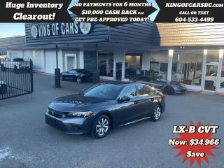 2024 HONDA CIVIC SEDANBACK UP CAMERA, HEATED SEATS, EMERGENCY COLLISION BRAKING, LANE ASSIST, ADAPTIVE CRUISE CONTROL, APPLE CARPLAY, ANDROID AUTO, REMOTE STARTER, KEYLESS GO, PUSH BUTTON START, ECON MODE, AUTO STOP & GO, LED LIGHTSBALANCE OF HONDA FACTORY WARRANTYCALL US TODAY FOR MORE INFORMATION604 533 4499 OR TEXT US AT 604 360 0123GO TO KINGOFCARSBC.COM AND APPLY FOR A FREE-------- PRE APPROVAL -------STOCK # P214929PLUS ADMINISTRATION FEE OF $895 AND TAXESDEALER # 31301all finance options are subject to ....oac...
