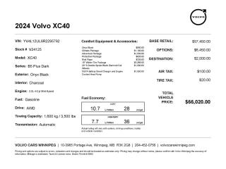 New 2024 Volvo XC40 Plus Dark Theme COURTESY VEHICLE W/ WINTER TIRE SET for sale in Winnipeg, MB