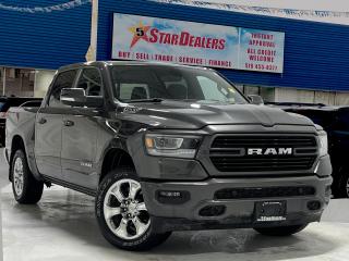 LOADED ONE OWNER  Over $8500 in factory options
Big Horn Sport Crew Cab  MINT LIKE NEW LOADED 4X4 WE FINANCE ALL CREDIT! 700+ VEHICLES IN STOCK
Instant Financing Approvals CALL OR TEXT 519+702+8888! Our Team will secure the Best Interest Rate from over 30 Auto Financing Lenders that can get you APPROVED! We also have access to in-house financing and leasing to help restore your credit.

 

Premium Lighting Group                                   $1,095
Daytime running lights – low–beam                   
LED fog lamps                                      
 LED reflector headlamps              
Sport Appearance Package                                   $695
Cloth front bucket seats                         
   Full–length floor console                          
 Body–colour front bumper                          
  Body–colour rear bumper with step pads              
Centre console parts module     
Big Horn Level 2 Equipment Group                         $2,995
Second–row in–floor storage bins                   
 Front heated seats 
Rear power sliding window                          
 A/C with dual–zone automatic temperature control    
7–inch full–colour customizable in–cluster display 
 115–volt auxiliary power outlet – front         
    Power 4–way driver lumbar adjust                 
  Power 8–way adjustable driver seat               
   Rear dome lamp with on/off switch              
     Dampened tailgate                                
   Heated steering wheel                               
Google Android Auto                              
   8.4–inch touchscreen                               
 Apple CarPlay capable                               
 SiriusXM satellite radio
 Power adjustable pedals                         
   Remote start system                               
  Class IV hitch
 receiver                          
   Park–Sense Front and Rear Park Assist              
 400–watt inverter   
Anti–spin differential rear axle                           $595
5.7L HEMI VVT V8 engine with FuelSaver MDS               $1,995
Rear wheelhouse liners                             
 20x9–inch premium chrome–clad aluminum wheels            $1,195                                         

Financing available for all credit types! Whether you have Great Credit, No Credit, Slow Credit, Bad Credit, Been Bankrupt, On Disability, Or on a Pension,  for your car loan Guaranteed! For Your No Hassle, Same Day Auto Financing Approvals CALL OR TEXT 519+702+8888.
$0 down options available with low monthly payments! At times a down payment may be required for financing. Apply with Confidence at https://www.5stardealer.ca/finance-application/ Looking to just sell your vehicle? WE BUY EVERYTHING EVEN IF YOU DONT BUY OURS: https://www.5stardealer.ca/instant-cash-offer/
The price of the vehicle includes a $480 administration charge. HST and Licensing costs are extra.
*Standard Equipment is the default equipment supplied for the Make and Model of this vehicle but may not represent the final vehicle with additional/altered or fewer equipment options.