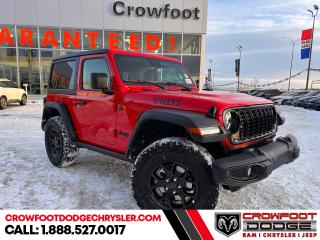 <b>Wi-Fi Hotspot,  Tow Equipment,  Fog Lamps,  Cruise Control,  Rear Camera!</b><br> <br> <br> <br>  Whether youre concurring a highway mountain pass or challenging off-road trail, this reliable Jeep Wrangler is ready to get you there with style. <br> <br>No matter where your next adventure takes you, this Jeep Wrangler is ready for the challenge. With advanced traction and handling capability, sophisticated safety features and ample ground clearance, the Wrangler is designed to climb up and crawl over the toughest terrain. Inside the cabin of this Wrangler offers supportive seats and comes loaded with the technology you expect while staying loyal to the style and design youve come to know and love.<br> <br> This firecracker red SUV  has an automatic transmission and is powered by a  270HP 2.0L 4 Cylinder Engine.<br> <br> Our Wranglers trim level is Willys. This off-road icon in the Willys trim features off-road wheels with beefier suspension, comes standard with tow equipment that includes trailer sway control, front and rear tow hooks, front fog lamps, and a manual convertible top with fixed rollover protection. Occupants are treated front and rear illuminated cupholders, air conditioning, full carpet floors with all-weather mats, an 8-speaker audio system, and a 12.3-inch infotainment screen powered by Uconnect 5W, with smartphone integration and mobile hotspot internet access. Additional features include cruise control, a rearview camera, and even more. This vehicle has been upgraded with the following features: Wi-fi Hotspot,  Tow Equipment,  Fog Lamps,  Cruise Control,  Rear Camera. <br><br> <br>To apply right now for financing use this link : <a href=https://www.crowfootdodgechrysler.com/tools/autoverify/finance.htm target=_blank>https://www.crowfootdodgechrysler.com/tools/autoverify/finance.htm</a><br><br> <br/>   <br> Buy this vehicle now for the lowest bi-weekly payment of <b>$366.70</b> with $0 down for 96 months @ 5.99% APR O.A.C. ( Plus GST  documentation fee    / Total Obligation of $76274  ).  Incentives expire 2024-02-29.  See dealer for details. <br> <br>We pride ourselves in consistently exceeding our customers expectations. Please dont hesitate to give us a call.<br> Come by and check out our fleet of 80+ used cars and trucks and 180+ new cars and trucks for sale in Calgary.  o~o