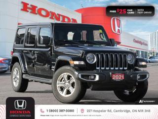 <p><strong>GREAT 4X4 VEHICLE! VERY LOW MILEAGE! ONE PREVIOUS OWNER! </strong>2021 Jeep Wrangler Unlimited Sahara featuring eight speed automatic transmission, five passenger seating, auto-on/off headlights, AM/FM stereo system with USB and auxiliary inputs, Bluetooth, Apple CarPlay and Android Auto connectivity, Satellite radio equipped, one-touch power windows, remote keyless entry, cruise control, steering wheel mounted controls, rearview camera, child seat anchors, rear door child safety locks, tire pressure monitoring system, split fold rear seat, electronic stability control and anti-lock braking system. Contact Cambridge Centre Honda for special discounted finance rates, as low as 8.99% on approved credit.</p>

<p><span style=color:#ff0000><strong>FREE $25 GAS CARD WITH TEST DRIVE!</strong></span></p>

<p>Our philosophy is simple. We believe that buying and owning a car should be easy, enjoyable and transparent. Welcome to the Cambridge Centre Honda Family! Cambridge Centre Honda proudly serves customers from Cambridge, Kitchener, Waterloo, Brantford, Hamilton, Waterford, Brant, Woodstock, Paris, Branchton, Preston, Hespeler, Galt, Puslinch, Morriston, Roseville, Plattsville, New Hamburg, Baden, Tavistock, Stratford, Wellesley, St. Clements, St. Jacobs, Elmira, Breslau, Guelph, Fergus, Elora, Rockwood, Halton Hills, Georgetown, Milton and all across Ontario!</p>