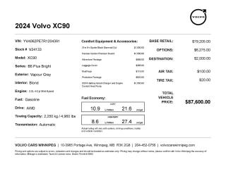 New 2024 Volvo XC90 Plus Bright Theme for sale in Winnipeg, MB