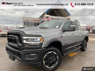 <b>LOADED!<br>6â??speed automatic transmission <br>6.7L Cummins Iâ??6 turbocharged diesel engine <br>Fuel tank brush <br>Power sunroof <br>Black Mopar tubular side steps $800<br>17â??speaker harman/kardon premium sound <br>20x8â??in Black Diamond cut aluminum wheels</b><br>  <br> <br>Call 613-489-1212 to speak to our friendly sales staff today, or come by the dealership!<br> <br>  This ultra capable Heavy Duty Ram 2500 is a muscular workhorse ready for any job you put in front of it. <br> <br>Endlessly capable, this 2024 Ram 2500HD pulls out all the stops, and has the towing capacity that sets it apart from the competition. On top of its proven Ram toughness, this Ram 2500HD has an ultra-quiet cabin full of amazing tech features that help make your workday more enjoyable. Whether youre in the commercial sector or looking for serious recreational towing rig, this impressive 2500HD is ready for anything that you are.<br> <br> This billet silver metallic sought after diesel Crew Cab 4X4 pickup   has an automatic transmission and is powered by a Cummins 370HP 6.7L Straight 6 Cylinder Engine.<br> <br> Our 2500s trim level is Rebel. Bold and unapologetic, this Ram 2500 Rebel features uprated suspension including premium shock absorbers, skid plates for underbody protection, diamond cut aluminum wheels, front fog lamps, power-folding exterior mirrors with running lights, and black fender flares, with front bumper tow hooks. The standard features continue, with power-adjustable heated front seats with lumbar support, dual-zone climate control, power-adjustable pedals, deluxe sound insulation, and a leather-wrapped steering wheel. Connectivity is handled by an upgraded 8.4-inch display powered by Uconnect 5 with inbuilt navigation, mobile internet hotspot access, Apple CarPlay, Android Auto and SiriusXM streaming radio. Additional features include class V towing equipment including a hitch, brake controller, wiring harness and trailer sway control, heavy-duty suspension, cargo box lighting, and a locking tailgate. This vehicle has been upgraded with the following features: Air, Tilt, Cruise, Power Windows, Power Locks, Power Mirrors, Back Up Camera. <br><br> View the original window sticker for this vehicle with this url <b><a href=http://www.chrysler.com/hostd/windowsticker/getWindowStickerPdf.do?vin=3C6UR5EL4RG216649 target=_blank>http://www.chrysler.com/hostd/windowsticker/getWindowStickerPdf.do?vin=3C6UR5EL4RG216649</a></b>.<br> <br>To apply right now for financing use this link : <a href=https://CreditOnline.dealertrack.ca/Web/Default.aspx?Token=3206df1a-492e-4453-9f18-918b5245c510&Lang=en target=_blank>https://CreditOnline.dealertrack.ca/Web/Default.aspx?Token=3206df1a-492e-4453-9f18-918b5245c510&Lang=en</a><br><br> <br/> Weve discounted this vehicle $2549. Total  cash rebate of $9450 is reflected in the price. Credit includes $9,450 Consumer Cash Discount.  6.49% financing for 96 months. <br> Buy this vehicle now for the lowest weekly payment of <b>$295.20</b> with $0 down for 96 months @ 6.49% APR O.A.C. ( Plus applicable taxes -  $1199  fees included in price    ).  Incentives expire 2024-04-30.  See dealer for details. <br> <br>If youre looking for a Dodge, Ram, Jeep, and Chrysler dealership in Ottawa that always goes above and beyond for you, visit Myers Manotick Dodge today! Were more than just great cars. We provide the kind of world-class Dodge service experience near Kanata that will make you a Myers customer for life. And with fabulous perks like extended service hours, our 30-day tire price guarantee, the Myers No Charge Engine/Transmission for Life program, and complimentary shuttle service, its no wonder were a top choice for drivers everywhere. Get more with Myers!<br> Come by and check out our fleet of 50+ used cars and trucks and 120+ new cars and trucks for sale in Manotick.  o~o