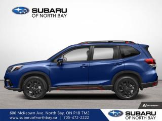<b>Sunroof,  Power Liftgate,  Heated Steering Wheel,  Climate Control,  Aluminum Wheels!</b><br> <br>   Giving you total driving confidence with its fun-to-drive nature, responsive handling, and outstanding ride comfort this amazing Subaru Forest is ready to anything you put in front of it. <br> <br>The Subaru Forester brings more convenience and versatility to your daily life with durable and quality materials, a driver focused cockpit and incredible off-road capability. With a well-engineered suspension that securely hugs the road and an impressive suite of driver assistance packages, the safety of you and your family is second to none.<br> <br> This sapphire blue pearl SUV  has a cvt transmission and is powered by a  182HP 2.5L 4 Cylinder Engine.<br> <br> Our Foresters trim level is Sport. This Forester Sport features gunmetal-finished 5-spoke aluminum wheels, switchable drive modes, an express open/close dual-panel glass sunroof, a power liftgate for rear cargo access, dual-zone climate control, and proximity keyless entry with push button start. The upgrades continue, with power adjustable heated front seats with lumbar support, a heated leather steering wheel, adaptive cruise control, towing equipment with trailer sway control, roof rack rails, LED headlights with automatic high beams, and 60-40 folding split-bench rear seats for extra cargo versatility. Stay connected on the road via a larger 8-inch touchscreen infotainment system with Apple CarPlay, Android Auto, integrated steering wheel audio controls, and SiriusXM satellite radio, as well as Subaru STARLINK services. Safety features include Subaru EyeSight with Pre-Collision Braking, Lane Keep Assist and Lane Departure Warning, rear/side vehicle detection, forward and rear collision alert, driver monitoring alert, and a back-up camera with a washer. This vehicle has been upgraded with the following features: Sunroof,  Power Liftgate,  Heated Steering Wheel,  Climate Control,  Aluminum Wheels,  Heated Seats,  Apple Carplay. <br><br> <br>To apply right now for financing use this link : <a href=https://www.subaruofnorthbay.ca/tools/autoverify/finance.htm target=_blank>https://www.subaruofnorthbay.ca/tools/autoverify/finance.htm</a><br><br> <br/>  Contact dealer for additional rates and offers.  6.49% financing for 60 months. <br> Buy this vehicle now for the lowest bi-weekly payment of <b>$371.52</b> with $0 down for 60 months @ 6.49% APR O.A.C. ( Plus applicable taxes -  Plus applicable fees   ).  Incentives expire 2024-04-30.  See dealer for details. <br> <br>Subaru of North Bay has been proudly serving customers in North Bay, Sturgeon Falls, New Liskeard, Cobalt, Haileybury, Kirkland Lake and surrounding areas since 1987. Whether you choose to visit in person or shop online, youll find a huge selection of new 2022-2023 Subaru models as well as certified used vehicles of all makes and models. </br>Our extensive lineup of new vehicles includes the Ascent, BRZ, Crosstrek, Forester, Impreza, Legacy, Outback, WRX and WRX STI. If youre already a Subaru owner, our Subaru Certified Technicians can provide the Genuine Subaru parts, accessories and quality service your vehicle deserves. </br>We invite you to book a test drive or service online, give our dealership a call at 705-472-2222, or just stop in for a visit. We look forward to meeting with you and providing you a stellar experience. </br><br> Come by and check out our fleet of 30+ used cars and trucks and 30+ new cars and trucks for sale in North Bay.  o~o