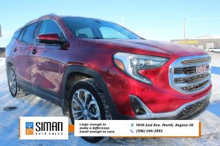<p><strong>SASKATCHEWAN VEHICLE ACCIDENT FREE</strong></p>

<p>Our GMC Terrain SLT has been through a <strong>presale inspection. Fresh full synthetic oil service, new air filters, New Battery, New Tires all around. Carfax reports Saskatchewan Vehicle, Accident Free. Financing Available on site, Trades Encouraged, Aftermarket warranties to fit every need and budget.</strong> The new Terrain pulls off the impressive trick of shrinking by just over 3 inches in length and 400 pounds in weight from the previous generation without sacrificing more than an inch of head- or legroom. Maximum cargo volume is nearly the same, too. That weight loss, combined with new engines and transmissions, promises better performance and fuel economy. We highly recommend the upgraded engine turbocharged 2.0-liter four-cylinder. The Terrain (and its sibling, the Chevy Equinox, which is nearly identical under the skin) is one of the nicest vehicles in the segment to spend time in. It's comfortable and easy to drive and comes standard with one of the best infotainment interfaces in the class. There's plenty of headroom all around, and the back seats fold flat with the pull of a lever. Driver Convenience package, which adds a power-adjustable driver seat, heated front seats, dual-zone automatic climate control, roof rails and remote engine start. The Infotainment I package adds an 8-inch touchscreen, a navigation system, a color information display in the gauge cluster, an SD card reader, two extra USB ports in the center console box, and a 110-volt outlet for the rear seat. SLT trim gets you leather upholstery and the Driver Convenience and Infotainment I package (except for navigation). Upgrades for the SLT include Preferred package, which includes a power liftgate, driver-seat memory settings, a power passenger seat and a heated steering wheel.</p>

<p><span style=color:#2980b9><strong>Siman Auto Sales is large enough to make a difference but small enough to care. We are family owned and operated, and have been proudly serving Saskatchewan car buyers since 1998. We offer on site financing, consignment, automotive repair and over 90 preowned vehicles to choose from.</strong></span></p>
