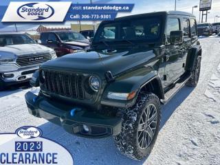<b>Leather Seats, Sky One-Touch Power Top!</b><br> <br> <br> <br>  Whether youre concurring a highway mountain pass or challenging off-road trail, this plug-in electric hybrid Jeep Wrangler 4xe is ready to get you there. <br> <br>No matter where your next adventure takes you, this Jeep Wrangler 4xe is ready for the challenge. With advanced traction and plug-in hybrid technology, sophisticated safety features and ample ground clearance, the Wrangler 4xe is designed to climb up and crawl over the toughest terrain. Inside the cabin of this advanced Wrangler 4xe offers supportive seats and comes loaded with the technology you expect while staying loyal to the style and design youve come to know and love.<br> <br> This sarge green SUV  has a 8 speed automatic transmission and is powered by a  375HP 2.0L 4 Cylinder Engine.<br> <br> Our Wrangler 4xes trim level is High Altitude. This range-topping Wrangler 4xe High Altitude features a hybrid powertrain for incredible efficiency, and comes standard with Nappa leather upholstery, heated seats, a heated steering wheel, remote start, adaptive cruise control, tow equipment that includes trailer sway control, front and rear tow hooks, front fog lamps, and a manual convertible top with fixed rollover protection. Occupants are treated front and rear illuminated cupholders, dual-zone air conditioning, a 9-speaker Alpine audio system, and a 12.3-inch infotainment screen powered by Uconnect 5, with integrated navigation, smartphone integration and mobile hotspot internet access. Additional features include an aerial view camera system, blind spot detection, forward collision mitigation, a rearview camera, and even more. This vehicle has been upgraded with the following features: Leather Seats, Sky One-touch Power Top. <br><br> View the original window sticker for this vehicle with this url <b><a href=http://www.chrysler.com/hostd/windowsticker/getWindowStickerPdf.do?vin=1C4RJXU64RW201986 target=_blank>http://www.chrysler.com/hostd/windowsticker/getWindowStickerPdf.do?vin=1C4RJXU64RW201986</a></b>.<br> <br>To apply right now for financing use this link : <a href=https://standarddodge.ca/financing target=_blank>https://standarddodge.ca/financing</a><br><br> <br/><br>* Visit Us Today *Youve earned this - stop by Standard Chrysler Dodge Jeep Ram located at 208 Cheadle St W., Swift Current, SK S9H0B5 to make this car yours today! <br> Pricing may not reflect additional accessories that have been added to the advertised vehicle<br><br> Come by and check out our fleet of 30+ used cars and trucks and 110+ new cars and trucks for sale in Swift Current.  o~o