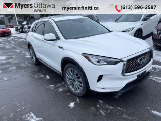 <b>Certified, Low Mileage, Navigation,  Cooled Seats,  Leather Seats,  Wireless Charging,  Apple CarPlay!</b><br> <br>  Compare at $49150 - Our Price is just $47718! <br> <br>   This QX50 is a great SUV that looks the part and provides a sense of luxury. This  2023 INFINITI QX50 is for sale today in Ottawa. <br> <br>With stylish exterior looks and an upscale interior, this Infiniti QX50 rubs shoulders with the best luxury crossovers in the segment. Focusing on engaging on-road dynamics with dazzling styling, the QX50 is a fantastic option for those in pursuit of cutting-edge refinement. The interior exudes unpretentious luxury, with a suite of smart tech that ensures youre always connected and safe when on the road.This low mileage  SUV has just 5,192 kms and is a Certified Pre-Owned vehicle. Its  lunar white in colour  . It has an automatic transmission and is powered by a  268HP 2.0L 4 Cylinder Engine.  And its got a certified used vehicle warranty for added peace of mind. <br> <br> Our QX50s trim level is PURE. This impressive crossover has amazing standard features such as heated front seats with power adjustment and lumbar support, proximity keyless entry with remote start, dual-zone climate control, a power liftgate for rear cargo access, programmable LED headlights with high beam assist, wireless mobile device charging, and two HD center screens handling infotainment and HVAC duties, with the former bundled with wireless Apple CarPlay and Android Auto, Wi-Fi hotspot, Siri Eyes Free, and SiriusXM satellite radio. Road safety is taken care of thanks to blind spot detection, adaptive cruise control, predictive forward collision warning with forward emergency braking, lane departure warning, lane keeping assist, front and rear collision mitigation, rear parking sensors, and a rearview camera. This vehicle has been upgraded with the following features: Navigation,  Cooled Seats,  Leather Seats,  Wireless Charging,  Apple Carplay,  Android Auto,  4g Wi-fi. <br> <br>To apply right now for financing use this link : <a href=https://www.myersinfiniti.ca/finance/ target=_blank>https://www.myersinfiniti.ca/finance/</a><br><br> <br/>Rigorous Certification ProcessEvery CERTIFIED INFINITI vehicle gets an obsessively detailed inspection prior to earning the CERTIFIED status. An INFINITI-trained technician ensures the highest standards for each vehicle, in a 169-point inspection process.72-month/160,000km Warranty** In effect for period of 72 months or 160,000kms (whichever comes first) from the vehicles original in-service dateINFINITIs Warranty provides coverage for 72 months or 160,000kms (whichever comes first) from your vehicles original in-service date. Over 1900 components are covered including:Engine: Cylinder heads and block and all internal parts, rocker covers and oil pan, valvetrain and front cover, timing chain and tensioner, oil pump and fuel pump, fuel injectors, intake and exhaust manifolds and turbocharger, flywheel, seals and gasketsTransmission and Transfer Case: Case and all internal parts, torque converter and converter housing, automatic transmission control module, transfer case and all internal parts, seals and gaskets, and electronic transmission controlsDrivetrain: Drive shafts, final drive housing and all internal parts, propeller shafts, universal joints, bearings, seals and gaskets$0 Deductible: No deductibles for repairs covered under the Powertrain WarrantyCertified INFINITI BenefitsCertified INFINITI vehicles offer all the exciting performance, innovation and reliability of a INFINITI, with value and peace-of-mind at the heart of the experience. 72 month/160,000kms* WarrantyEasy Financing with INFINITI Financial Services24/7 Premium Roadside Assistance1Rental Vehicle AssistancePersonalized Trip PlanningSirius Satellite Radio Trial210 day/1,500km exchange promise1 In effect for period of 72 months or 160,000kms (whichever comes first) from the vehicles original in-service date2 Available on compatible modelsINFINITIs Executive Protection PlanCustomized Protection: Executive plans provide up to 96 months / 200,000kms1 of extended coverage.Talk to your INFINITI dealer about Executive Protection Plans on your Certified INFINITI.1 In effect for period of 72 months or 160,000kms (whichever comes first) from the vehicles original in-service date<br> <br/><br> Buy this vehicle now for the lowest bi-weekly payment of <b>$425.42</b> with $0 down for 84 months @ 11.00% APR O.A.C. ( taxes included, and licensing fees   ).  See dealer for details. <br> <br>*LIFETIME ENGINE TRANSMISSION WARRANTY NOT AVAILABLE ON VEHICLES WITH KMS EXCEEDING 140,000KM, VEHICLES 8 YEARS & OLDER, OR HIGHLINE BRAND VEHICLE(eg. BMW, INFINITI. CADILLAC, LEXUS...)<br> Come by and check out our fleet of 40+ used cars and trucks and 90+ new cars and trucks for sale in Ottawa.  o~o