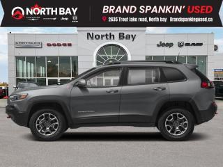 <b>Low Mileage, Unique Black Wheels,  Off-Road Suspension,  Aluminum Wheels,  Hands-Free Liftgate,  Leather Seats!</b><br> <br> <b>Out of town? We will pay your gas to get here! Ask us for details!</b><br><br> <br>Conquer any terrain with confidence in this dynamic SUV, equipped with legendary Jeep 4x4 capability and advanced off-road features! The luxurious and spacious cabin features premium materials, innovative technology, and an array of amenities designed to elevate your driving experience. Whether youre tackling rocky trails or cruising through city streets, this Cherokee Trailhawk Elite is ready  to be your ultimate driving companion! Contact us today to book a test drive! Fully inspected and reconditioned for years of driving enjoyment!<br><br>Features: 4 & 7-Pin Wiring Harness, 6 Speakers, A/C w/Dual Zone Automatic Temperature Control, Accent-Colour Exterior Mirrors, Alloy wheels, AM/FM radio: SiriusXM, Apple CarPlay/Android Auto, Auto-Dimming Rear-View Mirror, Auxiliary Switch Bank Module, Block heater, Class III Hitch Receiver, CommandView Dual Pane Sunroof, Engine Stop-Start System, Front fog lights, Front Heated Seats, Hands-Free Comm w/Bluetooth, Hands-Free Power Liftgate, Heated Steering Wheel, Hill Descent Control, Keyless Enter N Go w/Push-Start, Nappa Leather-Faced Front Vented Seats, Off-Road Suspension, ParkView Rear Back-Up Camera, Power 4-Way Driver/Passenger Lumbar Adjust, Power driver seat, Power Heated Mirrors w/Signals & Lamps, Quick Order Package 27L Trailhawk Elite, Radio: Uconnect 4 w/8.4 Display, Remote keyless entry, Remote Proximity Keyless Entry, Remote Start System, SiriusXM Satellite Radio, Split folding rear seat, Tonneau Cover, Trailer Tow Group, Trailer Tow Wiring Harness, Windshield Wiper De-Icer. 4WD 9-Speed Automatic Pentastar 3.2L V6 VVT<br><br>Reviews:<br>  * Cherokee owners tend to be most impressed with the performance of the available V6 engine, a smooth-riding suspension, a powerful and straightforward touchscreen interface, and push-button access to numerous traction-enhancing tools for use in a variety of challenging driving conditions. A flexible and handy cabin, as well as a relatively quiet highway drive, help round out the package. Heres a machine thats built to explore new trails and terrain, while providing a comfortable and compliant ride on the road and highway. Source: autoTRADER.ca<br><br>All in price - No hidden fees or charges! O~o At North Bay Chrysler we pride ourselves on providing a personalized experience for each of our valued customers. We offer a wide selection of vehicles, knowledgeable sales and service staff, complete service and parts centre, and competitive pricing on all of our products. We look forward to seeing you soon. *Every reasonable effort is made to ensure the accuracy of the information listed above, but errors happen. We reserve the right to change or amend these offers. The vehicle pricing, incentives, options (including standard equipment), and technical specifications listed, may not match the exact vehicle displayed. All finance pricing listed is O.A.C (on approved credit). Please confirm with a sales representative the accuracy of this information and pricing.<br><br>*Prices include a $2000 finance credit. Cash Purchases are subject to change. Every reasonable effort is made to ensure the accuracy of the information listed above, but errors happen. We reserve the right to change or amend these offers. The vehicle pricing, incentives, options (including standard equipment), and technical specifications listed, may not match the exact vehicle displayed. All finance pricing listed is O.A.C (on approved credit). Please confirm with a sales representative the accuracy of this information and pricing. Listed price does not include applicable taxes and licensing fees.<br> To view the original window sticker for this vehicle view this <a href=http://www.chrysler.com/hostd/windowsticker/getWindowStickerPdf.do?vin=1C4PJMBX8KD130438 target=_blank>http://www.chrysler.com/hostd/windowsticker/getWindowStickerPdf.do?vin=1C4PJMBX8KD130438</a>. <br/><br> <br/><br> Buy this vehicle now for the lowest bi-weekly payment of <b>$220.12</b> with $3300 down for 84 months @ 8.99% APR O.A.C. ( Plus applicable taxes -  platinum security included  / Total cost of borrowing $10367   ).  See dealer for details. <br> <br>All in price - No hidden fees or charges! o~o
