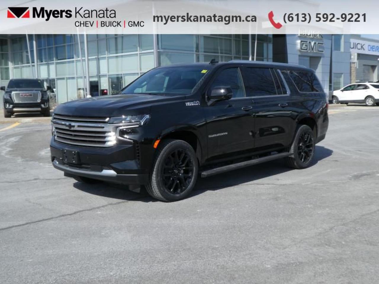 <b>Sunroof, Z71 Midnight Edition, Power Assist Steps, Aid Ride Adaptive Suspension, Max Trailering Package!</b><br> <br> <br> <br>At Myers, we believe in giving our customers the power of choice. When you choose to shop with a Myers Auto Group dealership, you dont just have access to one inventory, youve got the purchasing power of an entire auto group behind you!<br> <br> SPECIAL! SPECIAL! GM EMPLOYEE PRICING ON NOW! Was $124751. Now $113550! $11201 discount until Jan 02!  <br> <br/>  A perfect blend of modern design and legendary strength, this Chevrolet Suburban offers a premium driving experience, no matter where you go or what youre doing. <br> <br>This Chevy Suburban is designed for shoppers who require a luxurious ride, stern towing capacity and a well-trimmed cabin. The iconic Suburban offers more of everything you expect - uncommon spaciousness, commanding performance and ingenious safety technology. The luxury is all-encompassing and its capability is exceptional. Discover why, year after year, the legendary Suburban is part of Americas best-selling family of full-size SUVs.<br> <br> This black SUV  has an automatic transmission and is powered by a  420HP 6.2L 8 Cylinder Engine.<br> <br> Our Suburbans trim level is High Country. This range-topping Suburban High Country is decked with great standard features such as ventilated and heated leather-trimmed seats, power release second row seats, a drivers head up display, adaptive cruise control, HD surround vision, and a sonorous 10-speaker Bose premium audio system with CenterPoint. Also standard include wireless charging for mobile devices, a power liftgate for rear cargo access, wireless Apple CarPlay and Android Auto, remote engine start with keyless entry, LED headlights with IntelliBeam, tri-zone climate control, and SiriusXM satellite radio. Safety features also include automatic emergency braking, lane keeping assist with lane departure warning, and front and rear park assist. This vehicle has been upgraded with the following features: Sunroof, Z71 Midnight Edition, Power Assist Steps, Aid Ride Adaptive Suspension, Max Trailering Package. <br><br> <br>To apply right now for financing use this link : <a href=https://www.myerskanatagm.ca/finance/ target=_blank>https://www.myerskanatagm.ca/finance/</a><br><br> <br/> Weve discounted this vehicle $11201.    Incentives expire 2025-01-02.  See dealer for details. <br> <br>Myers Kanata Chevrolet Buick GMC Inc is a great place to find quality used cars, trucks and SUVs. We also feature over a selection of over 50 used vehicles along with 30 certified pre-owned vehicles. Our Ottawa Chevrolet, Buick and GMC dealership is confident that youll be able to find your next used vehicle at Myers Kanata Chevrolet Buick GMC Inc. You will always find our inventory updated with the latest models. Our team believes in giving nothing but the best to our customers. Visit our Ottawa GMC, Chevrolet, and Buick dealership and get all the information you need today!<br> Come by and check out our fleet of 20+ used cars and trucks and 180+ new cars and trucks for sale in Kanata.  o~o