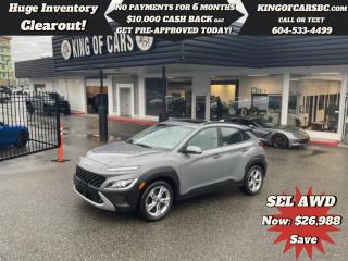 2022 HYUNDAI KONA AWDLEATHER, SUNROOF, HEATED SEATS, HEATED STEERING WHEEL, AWD LOCK, BACK UP CAMERA, APPLE CARPLAY, ANDROID AUTO, FORWARD COLLISION BRAKING, LANE ASSIST, BLIND SPOT DETECTION, REAR CROSS TRAFFIC ALERT, ADAPTIVE CRUISE CONTROL, NORMAL/SPORT/SMART DRIVING MODES, AUTO STOP & GO, KEYLESS GO, PUSH BUTTON START, REMOTE STARTER, POWER OPTIONS, A/CBALANCE OF HYUNDAI FACTORY WARRANTYCALL US TODAY FOR MORE INFORMATION604 533 4499 OR TEXT US AT 604 360 0123GO TO KINGOFCARSBC.COM AND APPLY FOR A FREE-------- PRE APPROVAL -------STOCK # P214938PLUS ADMINISTRATION FEE OF $895 AND TAXESDEALER # 31301all finance options are subject to ....oac...