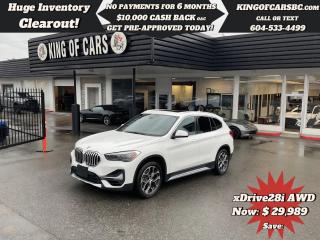2021 BMW X1 XDRIVE 28IPANORAMIC SUNROOF, NAVIGATION, BACK UP CAMERA, POWER MEMORY SEATS, LEATHER SEATS, HEATED SEATS, HEATED STEERING WHEEL, PARKING SENSORS, POWER TAILGATE, FRONT COLLISION BRAKING, PEDESTRIAN WARNING , LANE ASSIST, KEYLESS GO, PUSH BUTTON START, APPLE CARPLAY, TOUCHSCREEN DISPLAY, LED HEADLIGHTS, AMBIENT LIGHTINGCALL US TODAY FOR MORE INFORMATION604 533 4499 OR TEXT US AT 604 360 0123GO TO KINGOFCARSBC.COM AND APPLY FOR A FREE-------- PRE APPROVAL -------STOCK # P214939PLUS ADMINISTRATION FEE OF $895 AND TAXESDEALER # 31301all finance options are subject to ....oac...