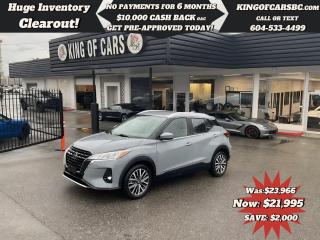 2021 NISSAN KICKS SVBACK UP CAMERA, HEATED SEATS, TOUCHSCREEN DISPLAY, REMOTE STARTER, KEYLESS GO, PUSH BUTTON START, FRONT & REAR EMERGENCY BRAKING, LANE ASSIST, BLIND SPOT DETECTION, CROSS TRAFFIC ALERT, APPLE CARPLAY, ANDROID AUTO, CRUISE CONTROL, POWER OPTIONS, A/CCALL US TODAY FOR MORE INFORMATION604 533 4499 OR TEXT US AT 604 360 0123GO TO KINGOFCARSBC.COM AND APPLY FOR A FREE-------- PRE APPROVAL -------STOCK # P214937PLUS ADMINISTRATION FEE OF $895 AND TAXESDEALER # 31301all finance options are subject to ....oac...
