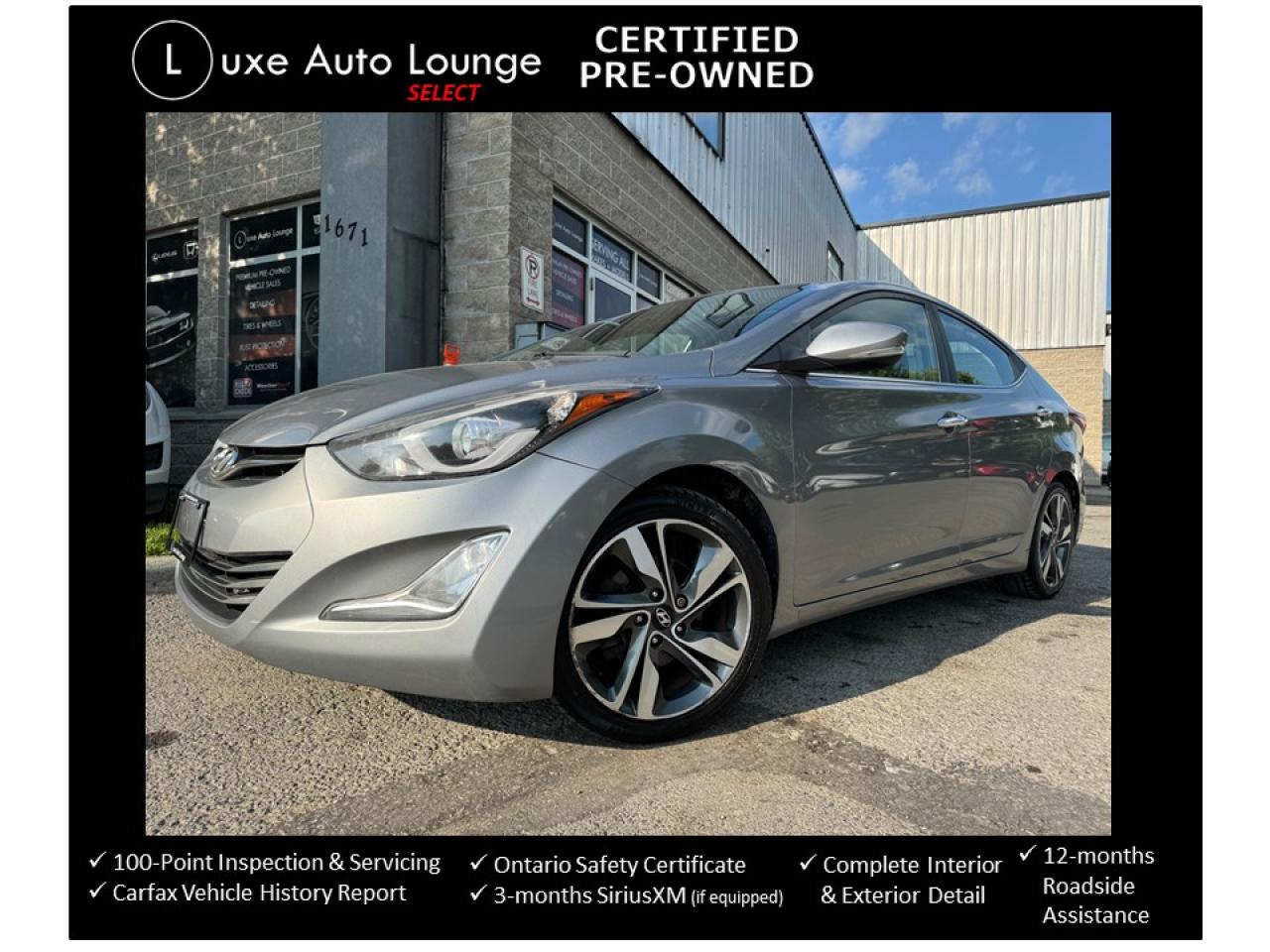 <p>Looking for an affordable, fully loaded sedan under $10,000?? Then look no further! This 2014 Hyundai Elantra Limited is the car for you! Features include: automatic transmission, power sunroof, leather interior, heated seats, power driver seat, back-up camera, bluetooth, SiriusXM satellite radio, remote keyless entry, CD/MP3 player, alloy wheels and more!</p><p><span style=color: #333333; font-family: Work Sans, sans-serif; font-size: 16px; white-space: pre-wrap; caret-color: #333333; background-color: #ffffff;>This vehicle comes Luxe certified select pre-owned, which includes: 100-point inspection & servicing, oil lube and filter change, Ontario safety certificate, Available Luxe Assurance Package, complete interior and exterior detailing, Carfax Verified vehicle history report, guaranteed one key (additional keys may be purchased at time of sale) and FREE 90-day SiriusXM satellite radio trial (on factory-equipped vehicles)!</span></p><p><span style=color: #333333; font-family: Work Sans, sans-serif; font-size: 16px; white-space: pre-wrap; caret-color: #333333; background-color: #ffffff;>Priced at ONLY $157 bi-weekly with $1500 down over 36 months at 8.99% (cost of borrowing is $1999 per $10000 financed) OR cash purchase price of $8900 (both prices are plus HST and licensing). Call today and book your test drive appointment!</span></p>