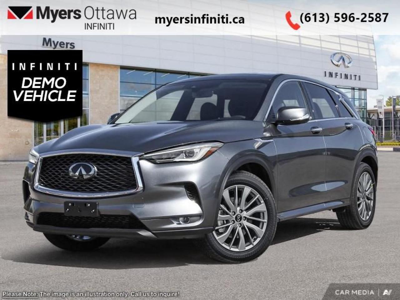 <b>Heated Seats,  Heated Steering Wheel,  Power Liftgate,  Wireless Charging Pad,  Wi-Fi Hotspot!</b><br> <br> <br> <br>  With luxury reimagined and style reinvented, this 2024 Infiniti QX50 is refined for those who demand more. <br> <br>With stylish exterior looks and an upscale interior, this Infiniti QX50 rubs shoulders with the best luxury crossovers in the segment. Focusing on engaging on-road dynamics with dazzling styling, the QX50 is a fantastic option for those in pursuit of cutting-edge refinement. The interior exudes unpretentious luxury, with a suite of smart tech that ensures youre always connected and safe when on the road.<br> <br> This graphite shadow SUV  has an automatic transmission and is powered by a  268HP 2.0L 4 Cylinder Engine.<br> <br> Our QX50s trim level is PURE. This QX50 rewards you with delightful standard features such as heated front seats with lumbar support, a heated steering wheel, adaptive cruise control, a wireless charging pad, a power liftgate for rear cargo access, and leatherette seating surfaces. Infotainment duties are handled by dual 8-inch and 7-inch touchscreens, with Apple CarPlay, Android Auto and SiriusXM. Safety features include blind spot detection, lane departure warning with lane keeping assist, front and rear collision mitigation, and rear parking sensors. This vehicle has been upgraded with the following features: Heated Seats,  Heated Steering Wheel,  Power Liftgate,  Wireless Charging Pad,  Wi-fi Hotspot,  Adaptive Cruise Control,  Lane Departure Warning.  This is a demonstrator vehicle driven by a member of our staff and has just 9710 kms.<br><br> <br>To apply right now for financing use this link : <a href=https://www.myersinfiniti.ca/finance/ target=_blank>https://www.myersinfiniti.ca/finance/</a><br><br> <br/> Total  cash rebate of $6000 is reflected in the price. Credit includes $6,000 Non-Stackable Dollars. <br> Buy this vehicle now for the lowest bi-weekly payment of <b>$421.40</b> with $0 down for 84 months @ 8.99% APR O.A.C. ( taxes included, $921  and licensing fees    ).  Incentives expire 2025-03-31.  See dealer for details. <br> <br><br> Come by and check out our fleet of 30+ used cars and trucks and 50+ new cars and trucks for sale in Ottawa.  o~o