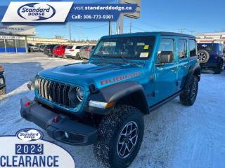 <b>Black 3-Piece Hard Top, Technology Group!</b><br> <br> <br> <br>  This Jeep Wrangler is the culmination of tireless innovation and extensive testing to build the ultimate off-road SUV! <br> <br>No matter where your next adventure takes you, this Jeep Wrangler is ready for the challenge. With advanced traction and handling capability, sophisticated safety features and ample ground clearance, the Wrangler is designed to climb up and crawl over the toughest terrain. Inside the cabin of this Wrangler offers supportive seats and comes loaded with the technology you expect while staying loyal to the style and design youve come to know and love.<br> <br> This bikini pearl coat              SUV  has a 8 speed automatic transmission and is powered by a  285HP 3.6L V6 Cylinder Engine.<br> <br> Our Wranglers trim level is Rubicon. Stepping up to this Wrangler Rubicon rewards you with incredible off-roading capability, thanks to heavy duty suspension, class II towing equipment that includes a hitch and trailer sway control, front active and rear anti-roll bars, upfitter switches, locking front and rear differentials, and skid plates for undercarriage protection. Interior features include an 8-speaker Alpine audio system, voice-activated dual zone climate control, front and rear cupholders, and a 12.3-inch infotainment system with smartphone integration and mobile internet hotspot access. Additional features include cruise control, a leatherette-wrapped steering wheel, proximity keyless entry, and even more. This vehicle has been upgraded with the following features: Black 3-piece Hard Top, Technology Group. <br><br> View the original window sticker for this vehicle with this url <b><a href=http://www.chrysler.com/hostd/windowsticker/getWindowStickerPdf.do?vin=1C4PJXFG8RW253313 target=_blank>http://www.chrysler.com/hostd/windowsticker/getWindowStickerPdf.do?vin=1C4PJXFG8RW253313</a></b>.<br> <br>To apply right now for financing use this link : <a href=https://standarddodge.ca/financing target=_blank>https://standarddodge.ca/financing</a><br><br> <br/><br>* Visit Us Today *Youve earned this - stop by Standard Chrysler Dodge Jeep Ram located at 208 Cheadle St W., Swift Current, SK S9H0B5 to make this car yours today! <br> Pricing may not reflect additional accessories that have been added to the advertised vehicle<br><br> Come by and check out our fleet of 30+ used cars and trucks and 120+ new cars and trucks for sale in Swift Current.  o~o