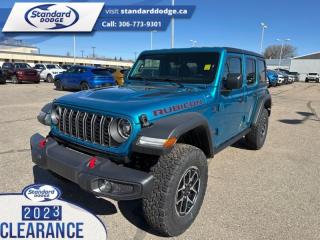 <b>Black 3-Piece Hard Top, Technology Group!</b><br> <br> <br> <br>  A product of tireless innovation and timeless style, this 2024 Wrangler exhilarates with toughness, reliability, and proven capability. <br> <br>No matter where your next adventure takes you, this Jeep Wrangler is ready for the challenge. With advanced traction and handling capability, sophisticated safety features and ample ground clearance, the Wrangler is designed to climb up and crawl over the toughest terrain. Inside the cabin of this Wrangler offers supportive seats and comes loaded with the technology you expect while staying loyal to the style and design youve come to know and love.<br> <br> This bikini pearl coat              SUV  has a 8 speed automatic transmission and is powered by a  285HP 3.6L V6 Cylinder Engine.<br> <br> Our Wranglers trim level is Rubicon. Stepping up to this Wrangler Rubicon rewards you with incredible off-roading capability, thanks to heavy duty suspension, class II towing equipment that includes a hitch and trailer sway control, front active and rear anti-roll bars, upfitter switches, locking front and rear differentials, and skid plates for undercarriage protection. Interior features include an 8-speaker Alpine audio system, voice-activated dual zone climate control, front and rear cupholders, and a 12.3-inch infotainment system with smartphone integration and mobile internet hotspot access. Additional features include cruise control, a leatherette-wrapped steering wheel, proximity keyless entry, and even more. This vehicle has been upgraded with the following features: Black 3-piece Hard Top, Technology Group. <br><br> View the original window sticker for this vehicle with this url <b><a href=http://www.chrysler.com/hostd/windowsticker/getWindowStickerPdf.do?vin=1C4PJXFG8RW253313 target=_blank>http://www.chrysler.com/hostd/windowsticker/getWindowStickerPdf.do?vin=1C4PJXFG8RW253313</a></b>.<br> <br>To apply right now for financing use this link : <a href=https://standarddodge.ca/financing target=_blank>https://standarddodge.ca/financing</a><br><br> <br/><br>* Visit Us Today *Youve earned this - stop by Standard Chrysler Dodge Jeep Ram located at 208 Cheadle St W., Swift Current, SK S9H0B5 to make this car yours today! <br> Pricing may not reflect additional accessories that have been added to the advertised vehicle<br><br> Come by and check out our fleet of 30+ used cars and trucks and 90+ new cars and trucks for sale in Swift Current.  o~o