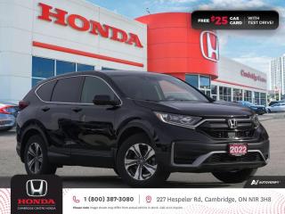 <p><strong>NEW COMPREHENSIVE WARRANTY INCLUDED & VALID TO 11/11/2025 OR 100,000 KMS! ONE PREVIOUS OWNER! NO REPORTED ACCIDENTS! </strong>2022 Honda CR-V LX AWD featuring CVT transmission, five passenger seating, remote engine starter, rearview camera with dynamic guidelines, Apple CarPlay and Android Auto connectivity, Siri® Eyes Free compatibility, ECON mode, Bluetooth, AM/FM audio system with two USB inputs, steering wheel mounted controls, cruise control, air conditioning, dual climate zones, heated front seats, 12V power outlet, proximity key entry, push button start, idle stop, power mirrors, power locks, power windows, 60/40 split fold-down rear seatback, Anchors and Tethers for Children (LATCH), The Honda Sensing Technologies - Adaptive Cruise Control, Forward Collision Warning system, Collision Mitigation Braking system, Lane Departure Warning system, Lane Keeping Assist system and Road Departure Mitigation system, remote keyless entry with liftgate release, auto on/off projector-beam halogen headlights, auto high-beams, LED daytime running lights, electronic stability control and anti-lock braking system. Contact Cambridge Centre Honda for special discounted finance rates, as low as 8.99%, on approved credit from Honda Financial Services.</p>

<p><span style=color:#ff0000><strong>FREE $25 GAS CARD WITH TEST DRIVE!</strong></span></p>

<p>Our philosophy is simple. We believe that buying and owning a car should be easy, enjoyable and transparent. Welcome to the Cambridge Centre Honda Family! Cambridge Centre Honda proudly serves customers from Cambridge, Kitchener, Waterloo, Brantford, Hamilton, Waterford, Brant, Woodstock, Paris, Branchton, Preston, Hespeler, Galt, Puslinch, Morriston, Roseville, Plattsville, New Hamburg, Baden, Tavistock, Stratford, Wellesley, St. Clements, St. Jacobs, Elmira, Breslau, Guelph, Fergus, Elora, Rockwood, Halton Hills, Georgetown, Milton and all across Ontario!</p>
