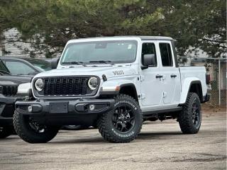 A smart choice for your lifestyle, our 2024 Jeep Gladiator Willys 4X4 with the Convenience Pack shows off in Bright White! Motivated by a 3.6 Litre Pentastar V6 serving up 285hp to an 8 Speed Automatic transmission for impressive tow/payload ratings. An Off-Road Plus mode, Dana axles, and Command-Trac 4WD come together for Trail Rated performance, and it returns approximately 10.7L/100km on the highway. Strong and ready to stand out, our Gladiator boasts LED lighting, fog lamps, a Black Freedom hardtop, dramatic decals, robust skid plates, a padded sport bar, a spray-on Bedliner, a Gorilla Glass windshield, cab rock rails, and alloy wheels for a look that owners love.  Explorers can also appreciate our comfortable Willys cabin, which welcomes our Convenience Pack to add heated cloth front seats, a heated-wrapped steering wheel, and remote start to automatic climate control, programmable auxiliary switches, and keyless entry/ignition. Off-Road Info Pages unlocks trail-friendly technology to complement a 12.3-inch touchscreen, a 7-inch driver display, WiFi/Alexa compatibility, voice control, Apple CarPlay®, Android Auto®, Bluetooth®, and an eight-speaker sound system.  Jeep safeguards your travel with adaptive cruise control, automatic braking, a rearview camera, forward collision warning, hill-start assist, stability/traction control, trailer sway control, and more. Our Gladiator Willys is designed to meet difficult demands with ease! Save this Page and Call for Availability. We Know You Will Enjoy Your Test Drive Towards Ownership!