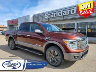<b>Navigation,  Leather Seats,  Cooled Seats,  Heated Seats,  Bluetooth!</b><br> <br>  Compare at $34822 - Our Price is just $33267! <br> <br>   This Nissan Titan is a tempting alternative to the more ubiquitous pickup trucks on the market. This  2017 Nissan Titan is for sale today in Swift Current. <br> <br>Every day brings new challenges and new opportunities. Be ready with a truck built to tackle whatever comes your way. Along with the brawn, this Nissan Titan has brains like an incredibly capable truck bed, advanced technology that redefines towing, and comfort and convenience that makes this one premium ride. 24/7, this Nissan Titan is always on duty. This  Crew Cab 4X4 pickup  has 147,455 kms. Its  forged copper in colour  . It has a 7 speed automatic transmission and is powered by a  390HP 5.6L 8 Cylinder Engine.  <br> <br> Our Titans trim level is Platinum Reserve. Platinum Reserve is the top trim for the Titan and it shows in every detail. It comes with navigation, Bluetooth, SiriusXM, Rockford Fosgate premium audio, premium leather seats which are heated and cooled in front, heated rear seats, a heated, leather-wrapped steering wheel with audio and cruise control, an around view monitor with moving object detection, blind spot warning, and more. This vehicle has been upgraded with the following features: Navigation,  Leather Seats,  Cooled Seats,  Heated Seats,  Bluetooth,  Premium Sound Package,  Rear View Camera. <br> <br>To apply right now for financing use this link : <a href=https://www.standardnissan.ca/finance/apply-for-financing/ target=_blank>https://www.standardnissan.ca/finance/apply-for-financing/</a><br><br> <br/><br>Why buy from Standard Nissan in Swift Current, SK? Our dealership is owned & operated by a local family that has been serving the automotive needs of local clients for over 110 years! We rely on a reputation of fair deals with good service and top products. With your support, we are able to give back to the community. <br><br>Every retail vehicle new or used purchased from us receives our 5-star package:<br><ul><li>*Platinum Tire & Rim Road Hazzard Coverage</li><li>**Platinum Security Theft Prevention & Insurance</li><li>***Key Fob & Remote Replacement</li><li>****$20 Oil Change Discount For As Long As You Own Your Car</li><li>*****Nitrogen Filled Tires</li></ul><br>Buyers from all over have also discovered our customer service and deals as we deliver all over the prairies & beyond!#BetterTogether<br> Come by and check out our fleet of 40+ used cars and trucks and 40+ new cars and trucks for sale in Swift Current.  o~o