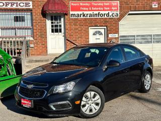 <p>Super-Clean Chevrolet Cruze from Mississauga, ON! This LT Sedan model looks great, with good options inside and out! The exterior looks sharp in its Black paint with factory wheel covers, featuring keyless entry with remote start, electronic trunk release, automatic headlights, a large factory power sunroof, colour-matched side mirrors, and a peppy fuel-efficient 1.4L Turbocharged Engine and Automatic Transmission! The interior is clean and comfortable with dark cloth seating for all occupants, power door locks, mirrors, and windows, a large trunk area, a comfortable back seating area, steering wheel audio and cruise controls, an easy-to-read and use gauge cluster, central touch screen AM/FM/XM Satellite Radio with Pioneer Premium Audio System, Bluetooth Handsfree, Backup Camera and CD Player, A/C climate control with front and rear window defrost, power sunroof controls, USB/AUX/12V accessory ports and more!</p><p> </p><p>Carfax Claims Free, a great Commuter or Student vehicle!</p><p> </p><p>Call (905) 623-2906</p><p> </p><p>Text Ryan: (905) 429-9680 or Email: ryan@markrainford.ca</p><p> </p><p>Text Mark: (905) 431-0966 or Email: mark@markrainford.ca</p>