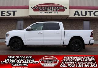 **Cash Price: $51,800. Finance Price: $50,800. (SAVE $1,000 OFF THE LISTED CASH PRICE WITH DEALER ARRANGED FINANCING O.A.C.) Plus PST/GST. No Administration Fees. Free Car Fax History report with every vehicle! 

STUNNING TOP OF THE LINE, FULLY LOADED RAM SPORT LEVEL 2 SPECIAL GT EDITION! THIS TRUCK HAS ALL THE GOODIES AND SOME AND EXCEPTIONALLY GREAT LOOKS!!! THIS SPORT GT EDITION, 1 OWNER LOCAL RURAL MANITOBA TRUCK IS EQUIPPED WITH ALL THE RIGHT OPTIONS AND INCLUDES SPECIAL GT PACKAGE, 12-INCH BIG SCREEN PREMIUM HARMON KARDON 19-SPEAKER STEREO AND MUCH MORE! STILL SHOWS LIKE NEW AND YOU SAVE THOUSANDS OVER NEW WITH THIS 2022 RAM 1500 CREW CAB SPORT LEVEL GT EDITION FLAWLESS & SHARP!!

- 5.7L Hemi with MDS fuel saver (producing 395hp and 410lb-ft of torque)
- 8 Speed automatic 
- Auto 4X4 with 3 stage transfer case incl AWD
- 3.92 rear axle ratio
- Mopar Cold Air Intake System
- Upgraded Performance Dual Exhaust (Sounds amazing!!)
- Power 5 Passenger sport seating with upgraded full length large center console with sport shifter
- Beautiful double stitched Black Sport leather seats with "GT" badging
- Heated & cooled front seating
- Heated steering wheel 
- Power adjustable pedals with memory
- Radio, driver seat, mirrors & pedals memory setting
- Huge 12" Uconnect 4C touchscreen Multi Media  infotainment system with navigation
- HARMON KARDON 19-speaker Premium sound system and multimedia audio with Satellite input
- Media hub with multi-port USB and AUX input 
- Android Auto and Apple Cap Play 
- Dual zone auto climate control 
- LED headlights, tail lamps and fog lights
- Key-less Enter n Go with push button start
- Factory remote starter 
- Remote tailgate release 
- Park Sense front and rear
- Park View Backup camera
- Sport Level 2 Equipment Group
- Sport G/T Package:
- Underseat lighting
- GT Interior Theme
- Mopar bright pedal kit
- Sport Performance Hood
- Black side steps
- Optional Black 20-inch Mayhem Sport wheels on Falken Wildpeak  A/T Tires available (at additional cost)
- Read Below for More info... 

WOW!! GREAT LOOKING, HARD LOADED & STUNNING SPORT EDITION WITH THE SPECIAL GT EDITION PACKAGE WITH ALL THE RIGHT OPTIONS!! NEW GENERATION, LOADED, STILL LIKE NEW, EXCEPTIONALLY CLEAN LOCAL RURAL MANITOBA TRADE These trucks are truly loaded when equipped with the Sport Level 2 package and the GT package. 2022 RAM 1500 LARAMIE SPORT LEVEL 2 GT EDITION 4X4! This SPORT Crew Cab is equipped with the improved 5.7L Hemi with MDS fuel Saver producing 395hp and 410lb-ft of torque and is matched to an 8-speed automatic and auto 4X4 with 3 stage transfer case. From the ground up you know youre not in "every other RAM". The exterior LEDs front to back plus body-Colour Matched bumpers and grill and sport Performance Hood and add in the GT Edition with black all accents and upgraded optional wheels, really sets this truck apart and above the rest!!! With the Sport Level 2 Equipment Group and the GT packages you get all the standard options plus ALL THE UPGRADES including park sense front and back, dual zone auto climate control, power pedals, power sliding rear window, power 5 passenger double-stitched Leather seating and large center console, heated & cooled front seats, heated steering wheel, leather wrapped steering wheel with controls and upgraded Uconnect 4C with the HUGE 12" touchscreen infotainment system with navigation. Your music is also upgraded to the Harmon Kardon premium 19-speaker audio system with media hub, apps, AUX, USB, satellite input, Apple Car Play, Android Auto and Bluetooth for phone and media input. Addition options include power folding mirrors, remote start, key-less Go with push button start, LED lighting inside and out, over head console, Full Sport Appearance Package with colour matched bumpers, grill and handle insets and more, tailgate with remote release, upgraded performance dual exhaust,  Optional Black 20-inch Mayhem Sport wheels on Falken Wildpeak  A/T Tires and  more. This is one gorgeous truck! Take it home today and save thousands over new!  

Comes with a fresh Manitoba Safety Certification, a 1 owner local Rural MANITOBA ACCIDENT FREE CARFAX history report and the balance of the Ram Canada factory warranty remaining... PLUS we have many unlimited KM warranty options available to choose from. Save big $$ from new MSRP!. ON SALE NOW (HUGE VALUE!!) Zero down financing available OAC. Please see dealer for details. Trades accepted. View at Winnipeg West Automotive Group, 5195 Portage Ave. Dealer permit # 4365, Call now 1 (888) 601-3023